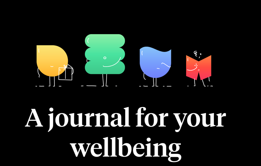 Logo for how we feel app, cute characters with the text "A journal for your wellbeing"