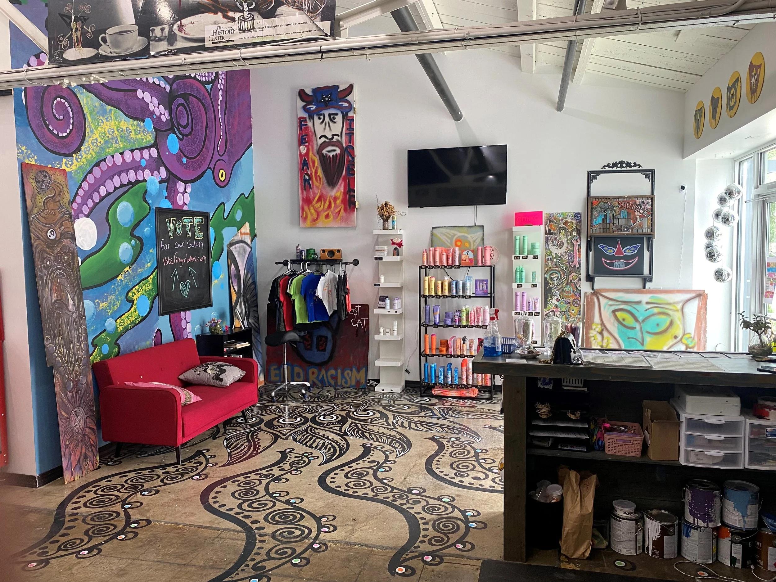 Photo of multiple colors and patterns from within the Hair Color Art studio.