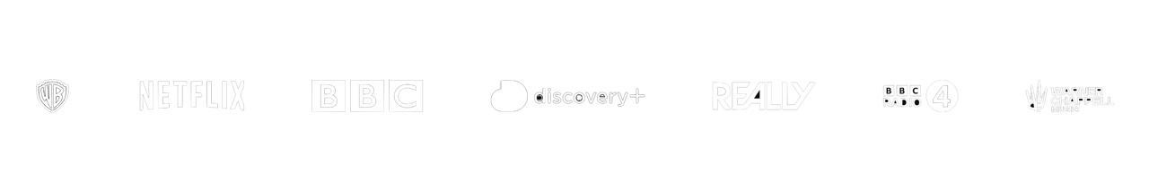 White Logos for Jacob Maloney credits including Warner Bros, Netflix, BBC, Discovery+, Really, BBC Radio 4, Warner Chappell Production Music