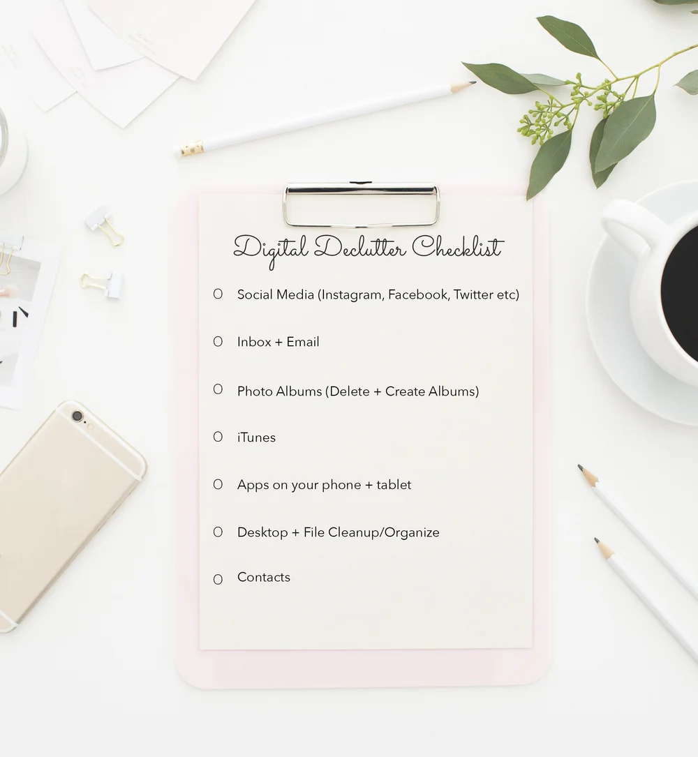 A checklist for decluttering digital spaces, including steps for organizing files and emails.