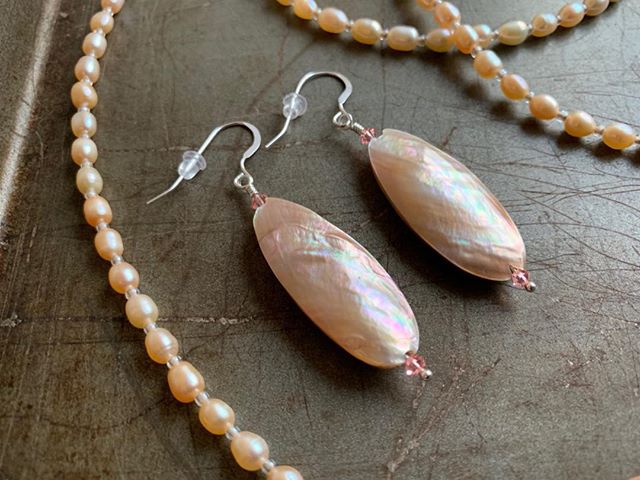 Shell, Swarovski and Sterling Silver Earrings pair well with the freshwater pearls in this collection. #offcenteronpoint Off-Center Jewelry, On Point Design. #jewelry