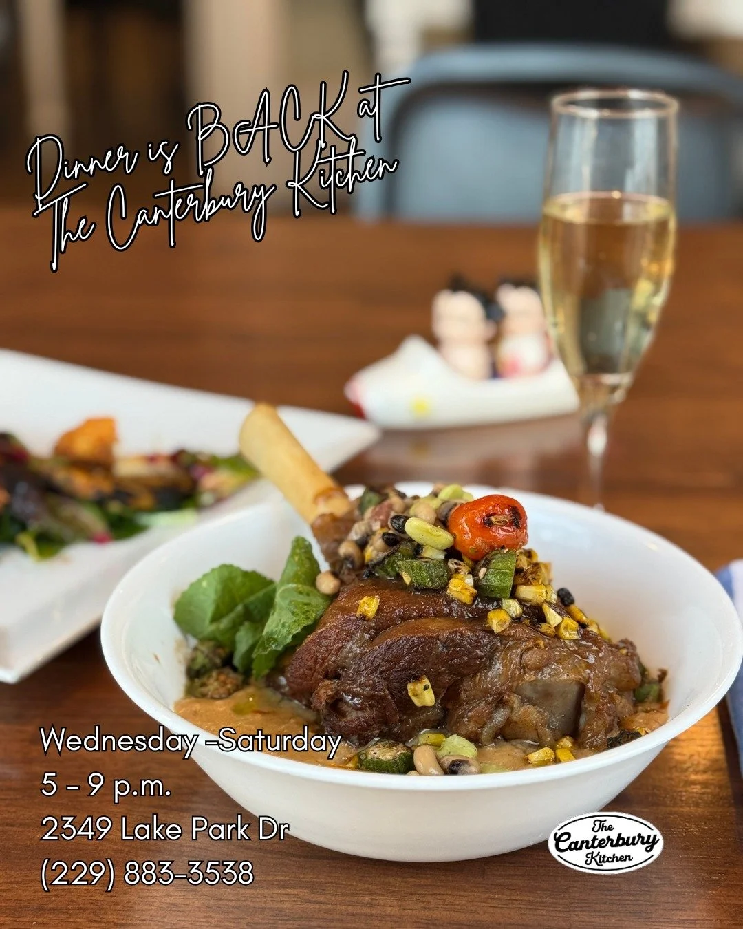 Join us for dinner! ❣

Walk-ins welcome! 
.
.
.
229-883-3538

OPEN DAILY

Lunch: Sun-Fri
10:30 a.m. - 2 p.m.

Dinner: Wed-Sat
5 - 9 p.m.

Brunch: Saturdays
10:30 a.m. - 2 p.m.

2349 Lake Park Dr.

We can&rsquo;t wait to see you!

View our menus on ou