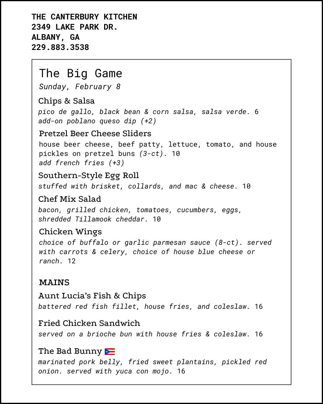 Got any plans for Sunday? Try our Big Game Pub Menu! 🍔🍗😎

Book a reservation for our Valentine's Dinner 💗: https://shorturl.at/OFaB7

.
.
.
229-883-3538
2349 Lake Park Dr.

OPEN DAILY

Lunch: Sun-Fri
10:30 a.m. - 2 p.m.

Dinner: Wed-Sat
5 - 9 p.m
