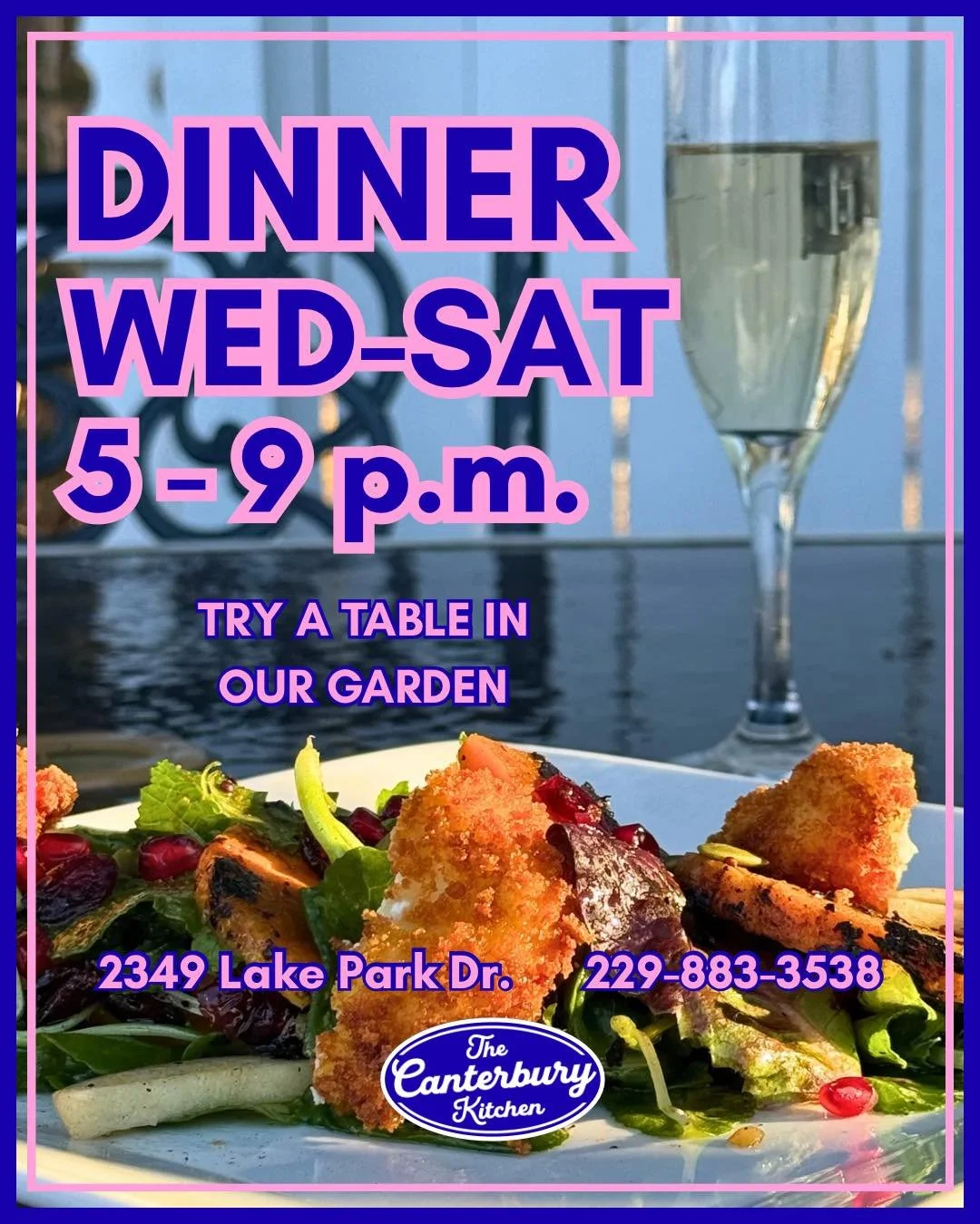 Have you enjoyed a delicious salad and a crisp bev in gorgeous weather? 😍⛅️ 

This weekend is your chance! Ask your server about sitting in the garden 🙂&zwj;↕️💌
.
.
.
229-883-3538
2349 Lake Park Dr.
OPEN DAILY

Lunch: Sun-Fri
10:30 a.m. - 2 p.m.

