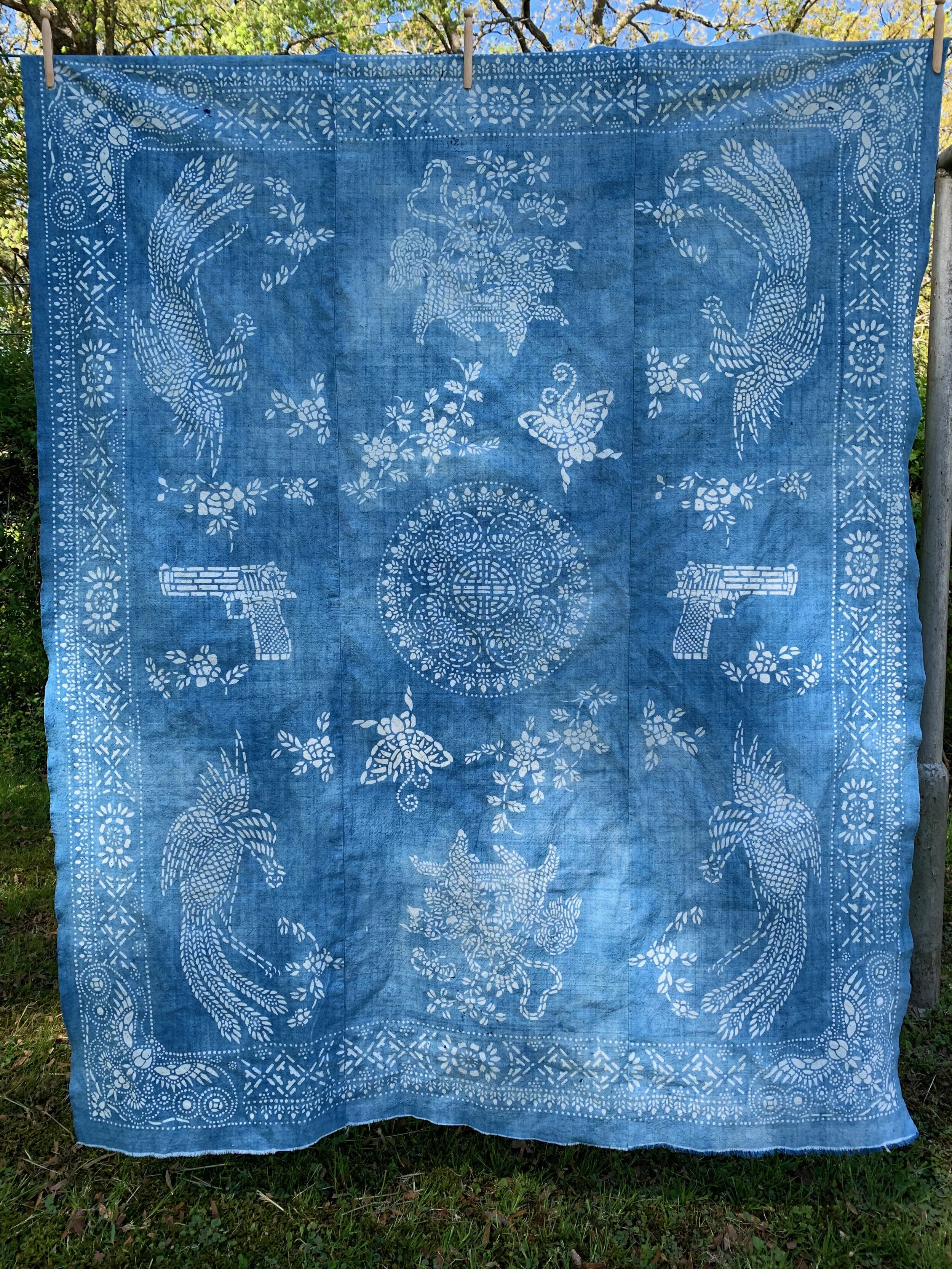 Hand Dyed Indigo Blanket with Hand Gun and Flowers $225