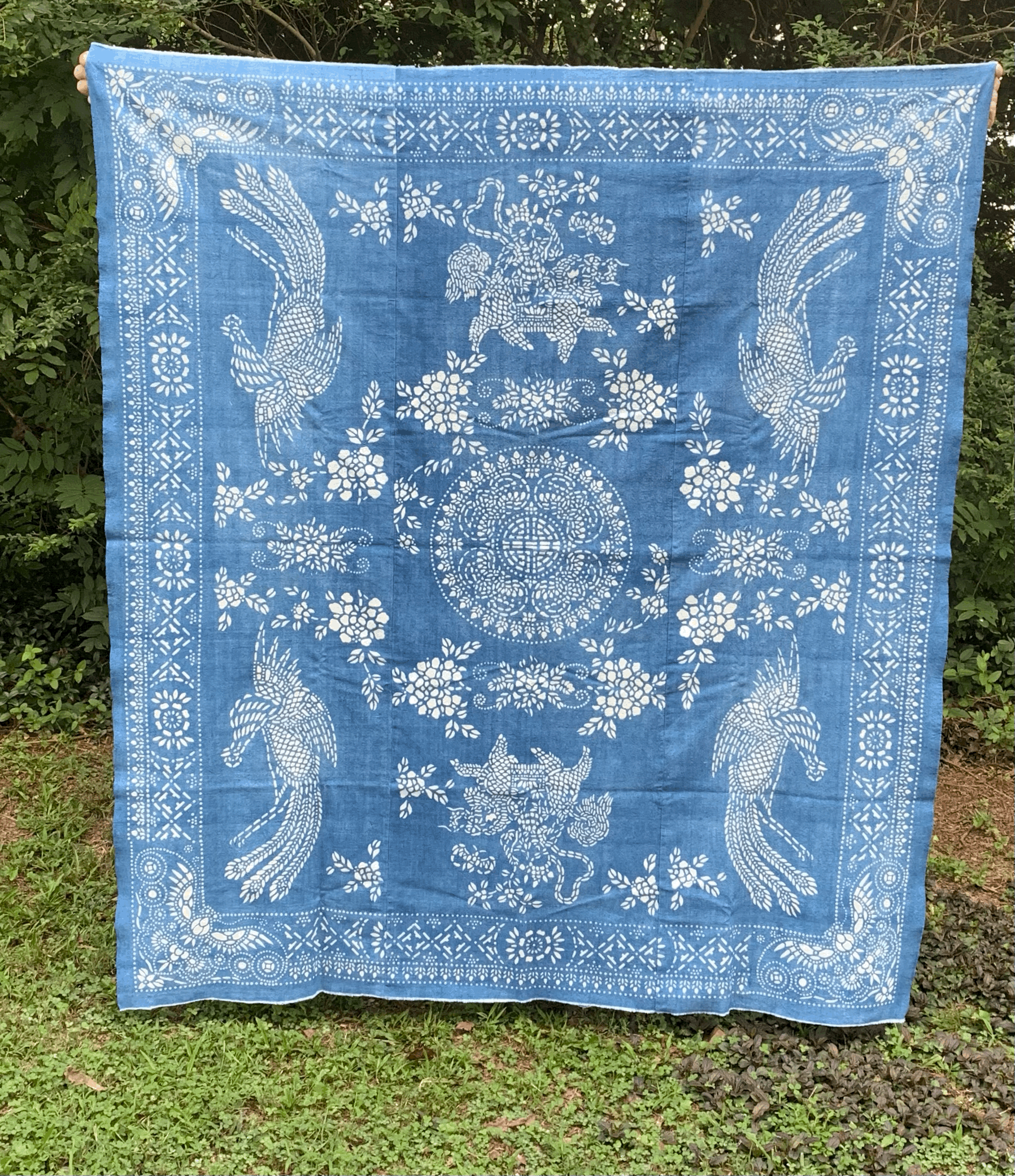 Hand Dyed Indigo Katazome Blanket with Peonies and Roosters  $225