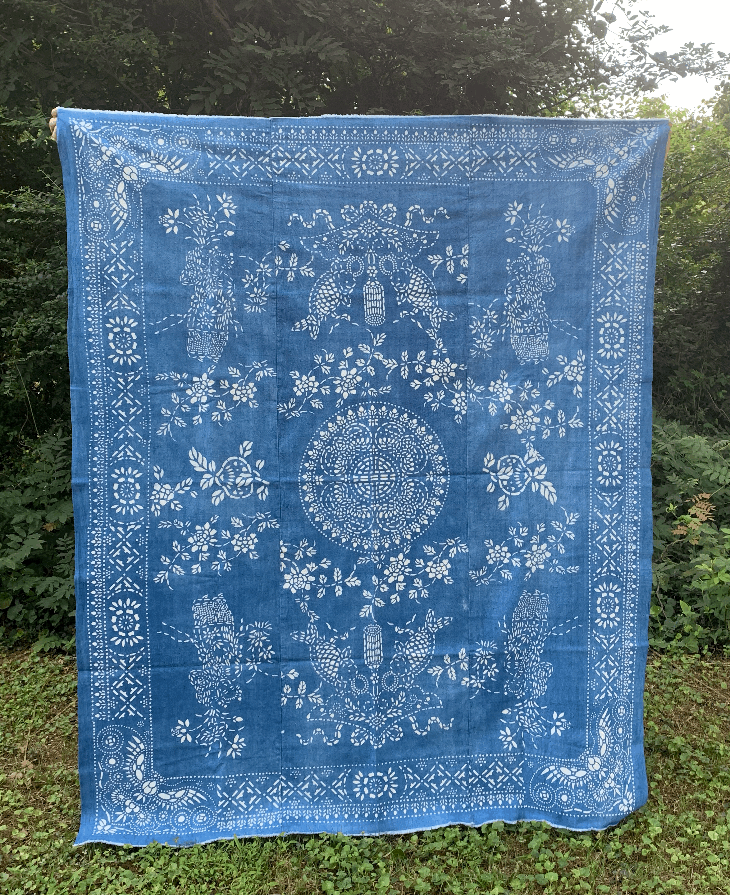 Hand Dyed Indigo Katazome Blanket with Children, Peaches and Double Fish $225
