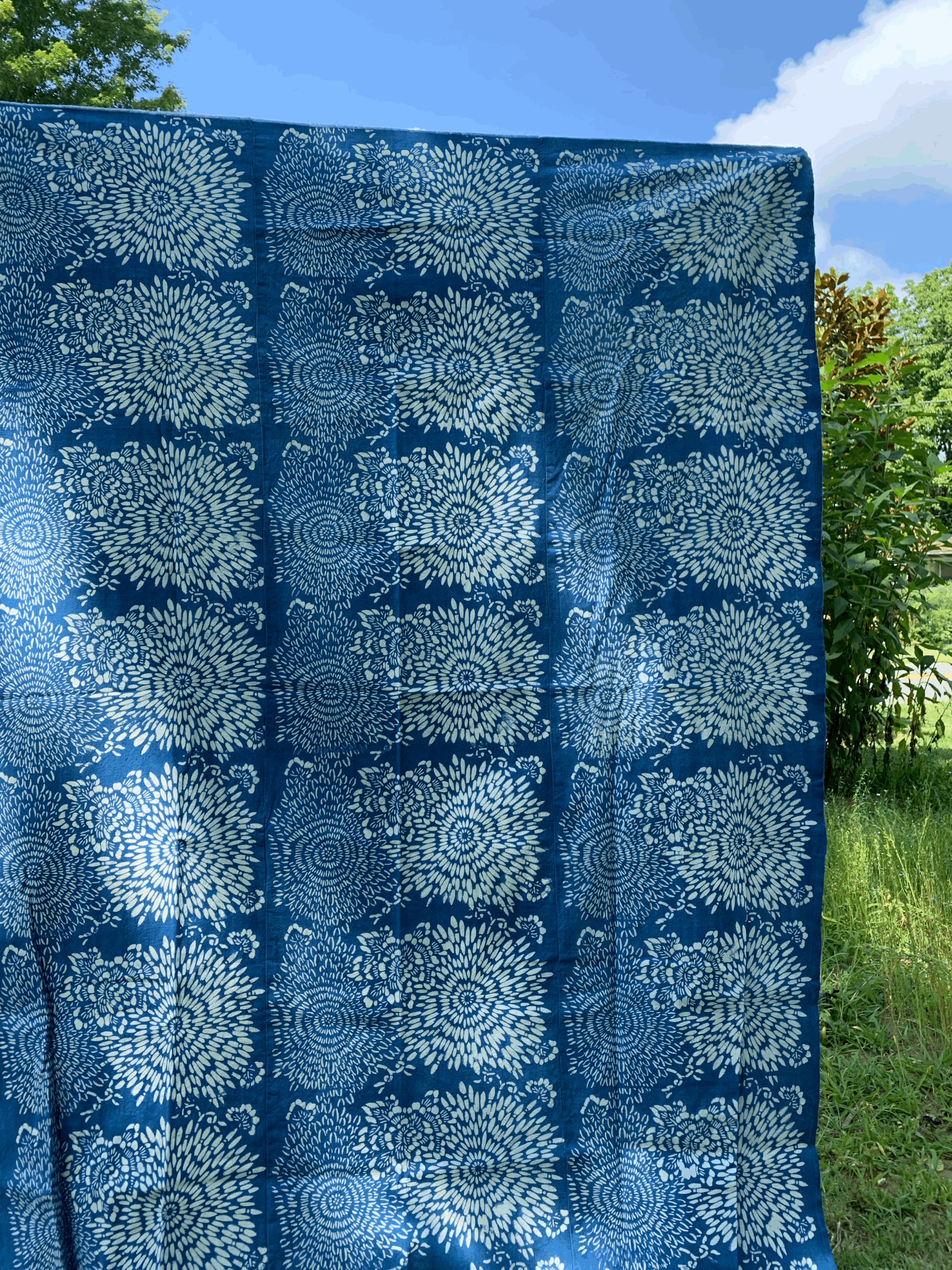 Hand Dyed Indigo Katazome Blanket with Japanese Chrysanthemums $225