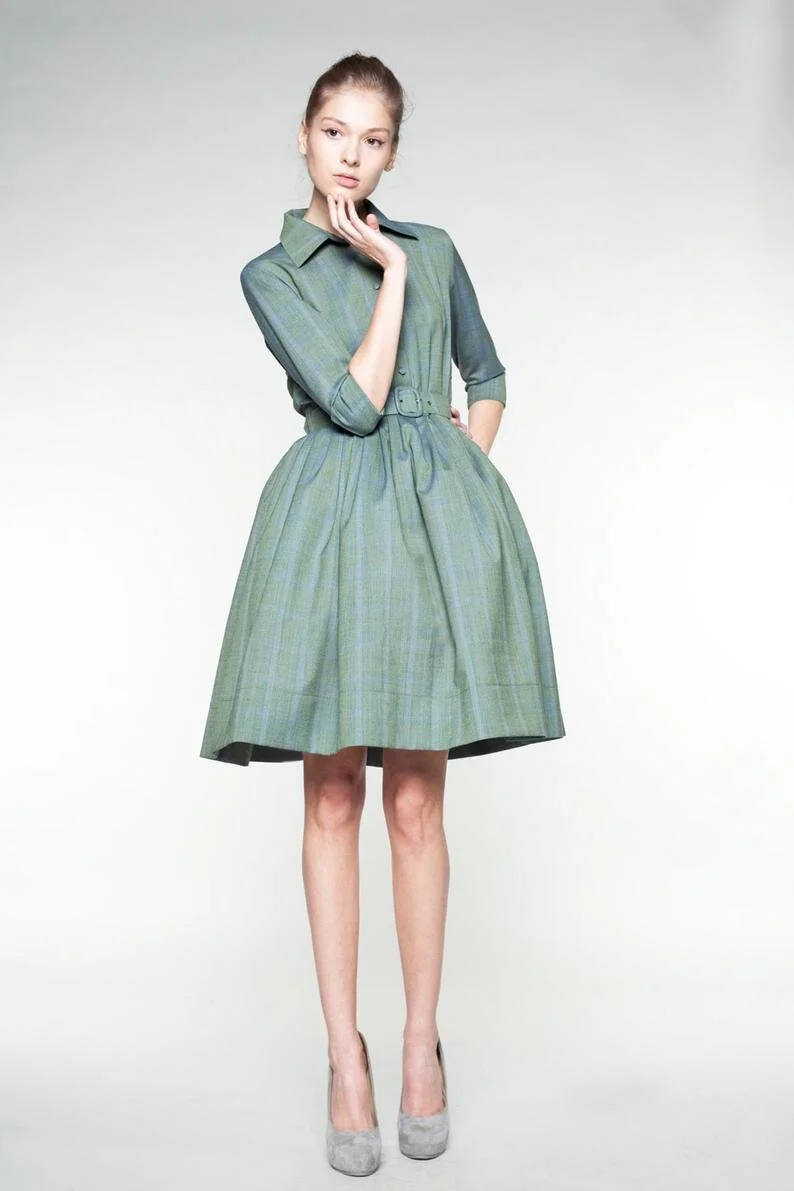 Wool Dress, Midi Dress, Green Dress 