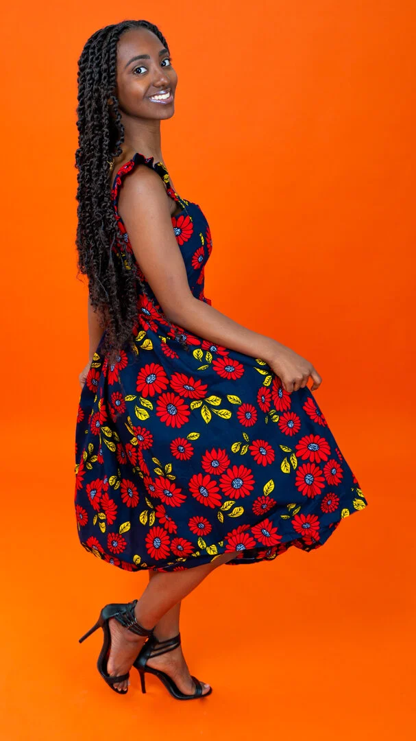 navy blue and yellow floral dress