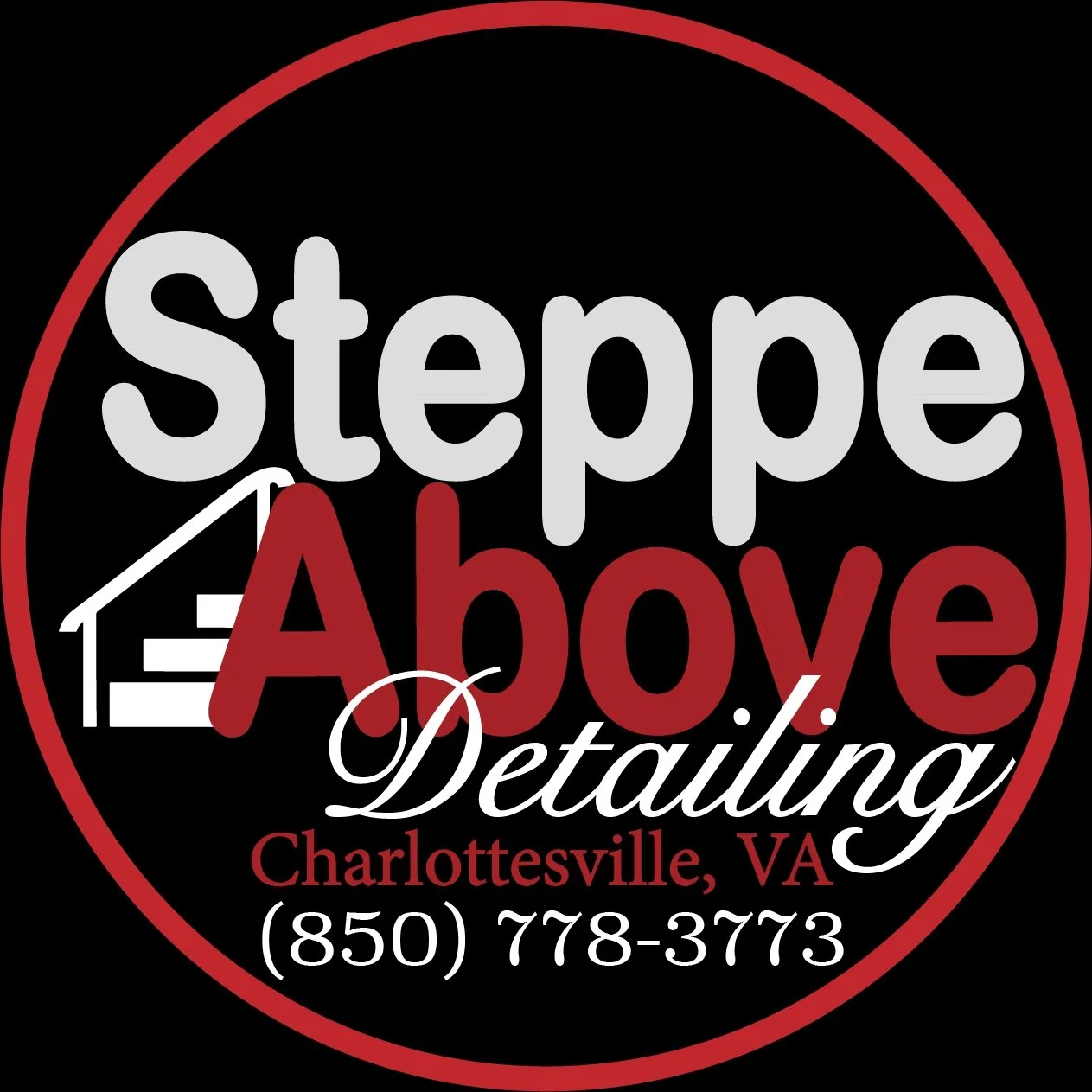 Logo for Steppe Above Detailing in Charlottesville, VA with a black background, red and gray text, a staircase icon, and a red border.