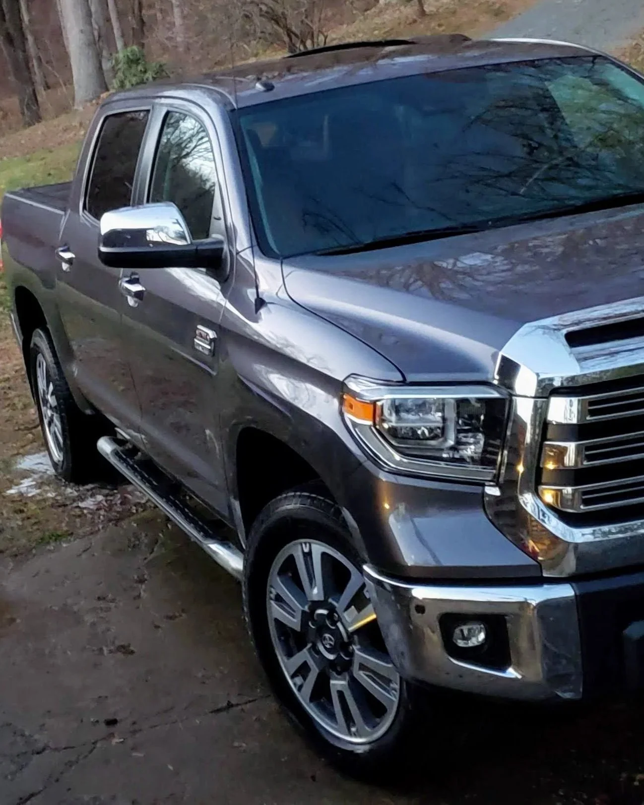 A gray pickup truck parked on a dirt and leaf-covered ground, with trees and a wooded area in the background.