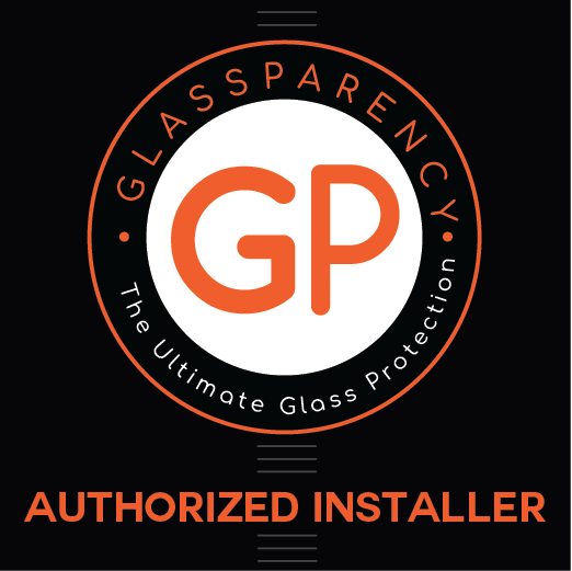 Logo with orange and white circular design that reads "GLASSPLENANCY - The Ultimate Glass Protection" around "GP" in the center, and "AUTHORIZED INSTALLER" in bold orange text underneath.