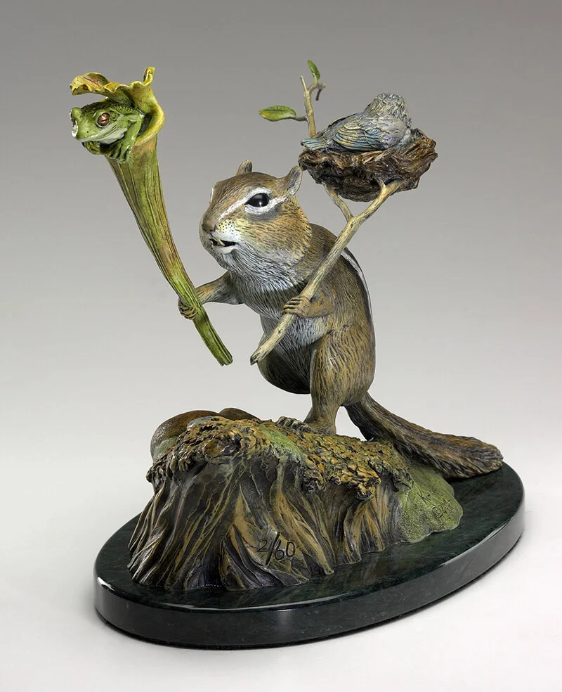 Kim-Kori-Bronze-Sculpture-Chipmunk-Frog-Bird-Search-Party-Front.jpg