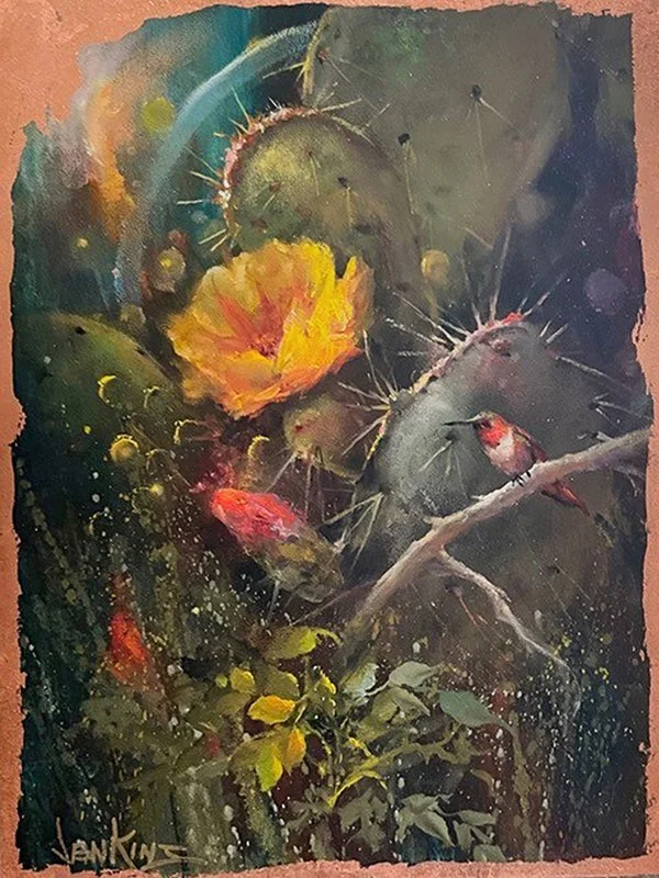 Hummingbird with Cactus and Blue Halo