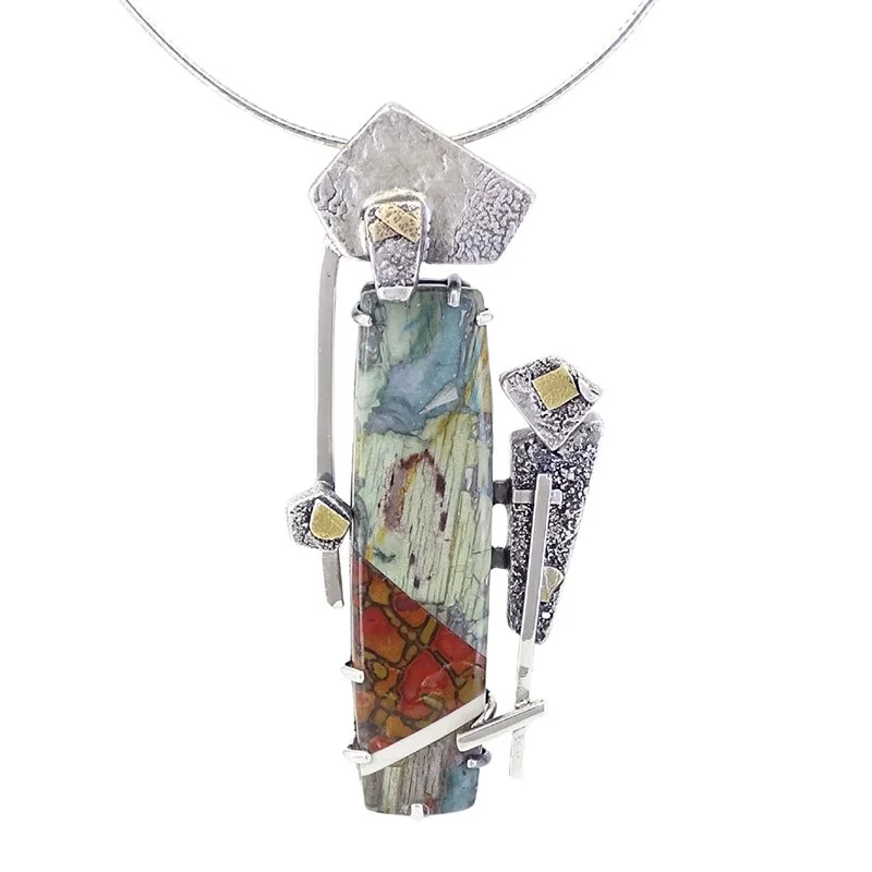 Intarsia (Fossilized Dinosaur Bone, Jasper, Bone) Sterling and 22kt Gold Necklace