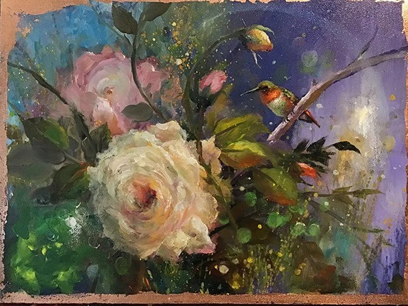 Hummingbird with White Rose