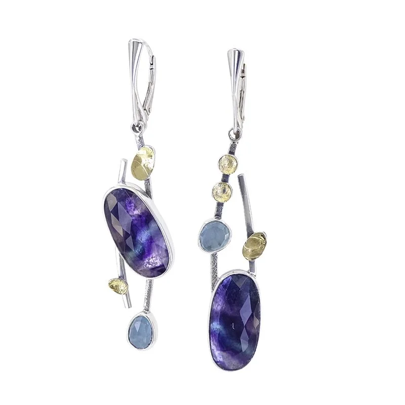 Flourite, Aquamarine, Sterling and 22kt Gold Earrings