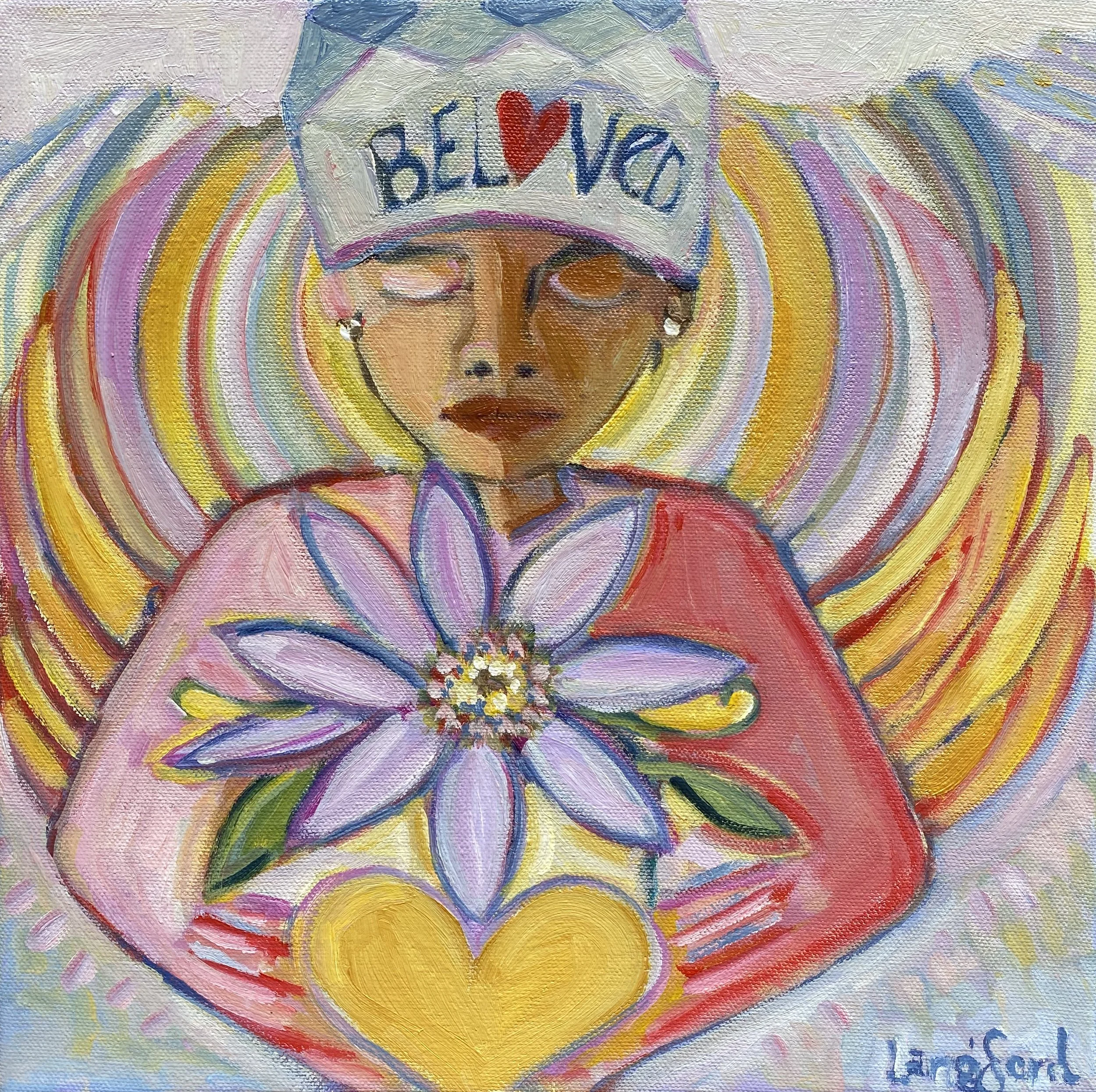 A colorful painting of a woman with dark skin wearing glasses and a white cap with the word 'BELIEVE' and a red heart. She has earrings and closed eyes. The background features concentric circles in pastel colors. She is holding a large purple flower with a yellow heart beneath it, all painted in a vibrant, abstract style.