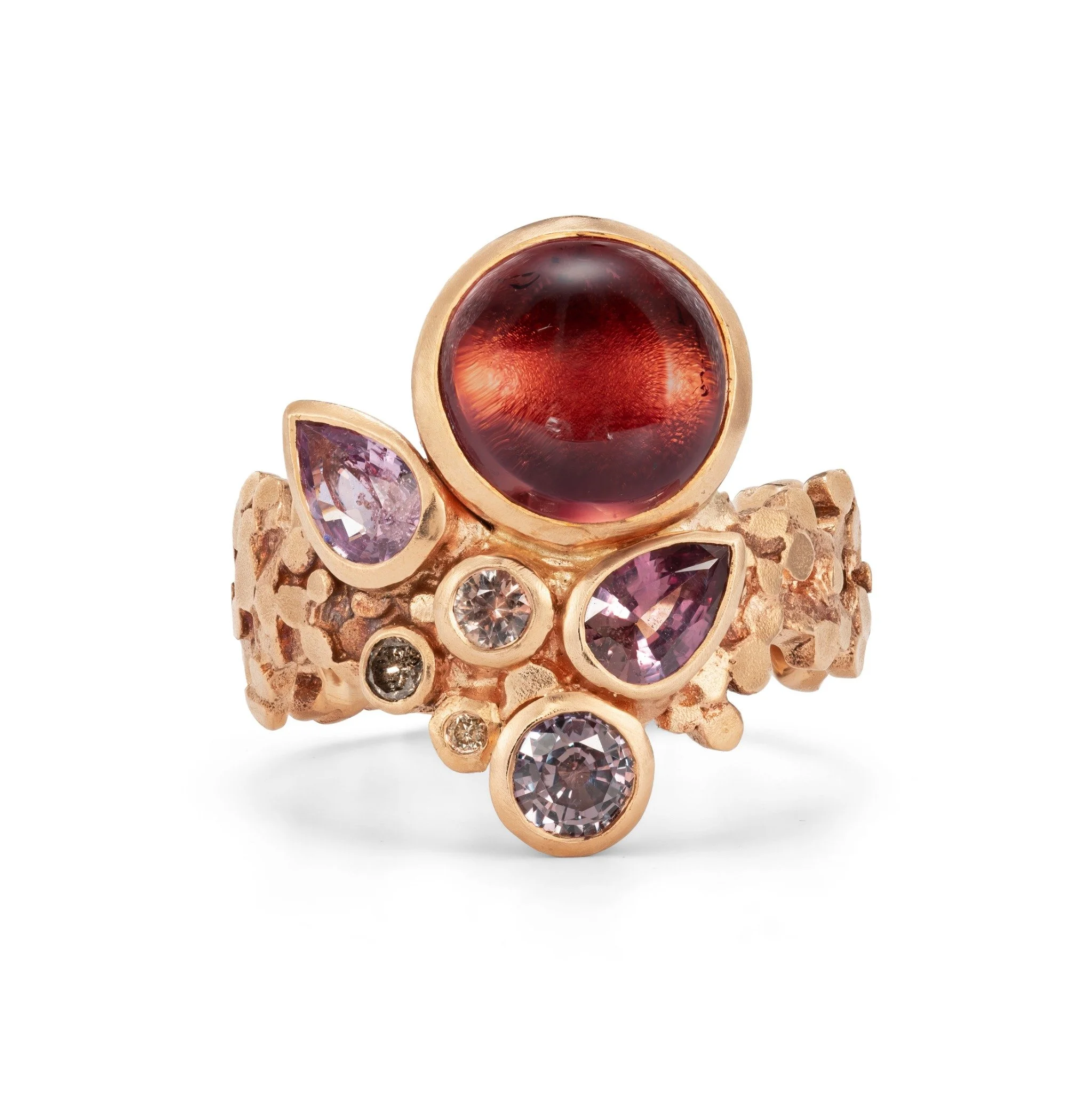 One-of-a-kind 9ct rose gold ring with red tourmaline, purple sapphires and a brown diamond