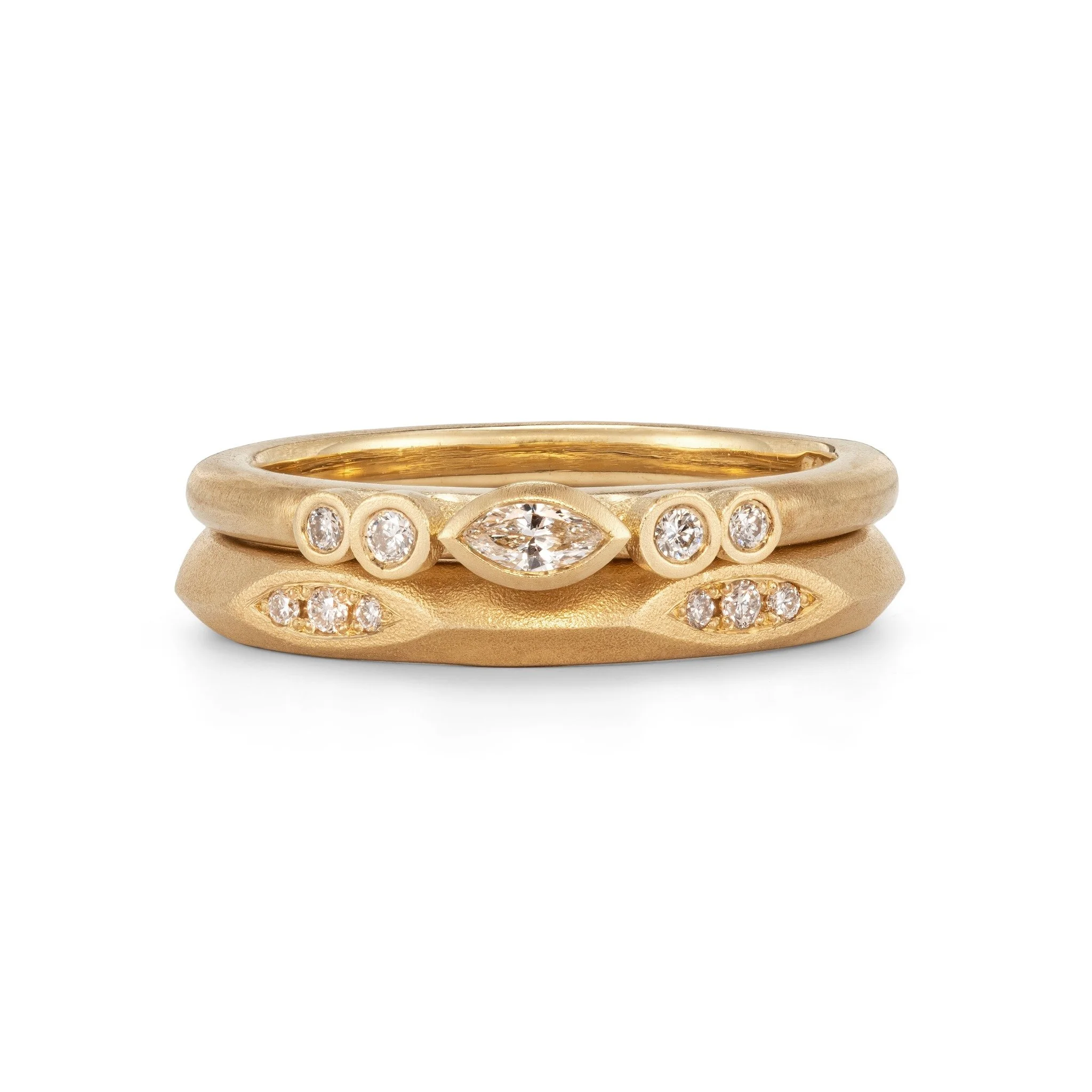 18ct yellow gold Marquise Diamond Band stacked beneath a Marquise Bud diamond ring