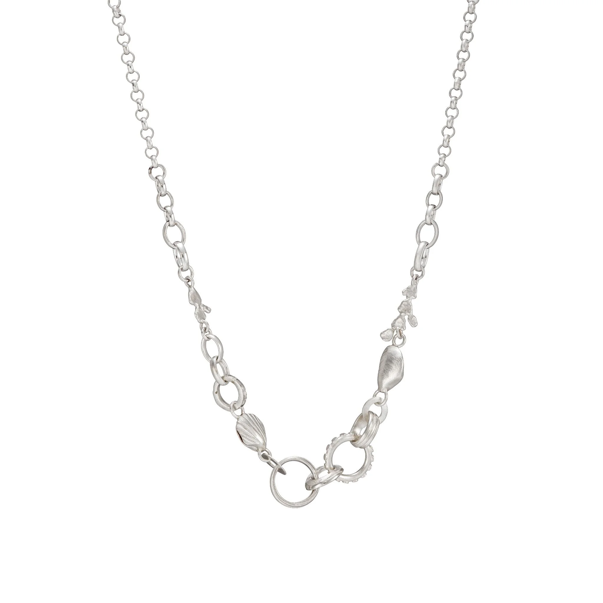 Sterling silver Coral and shell chain necklace with mixed handmade muscles, shells and coral links