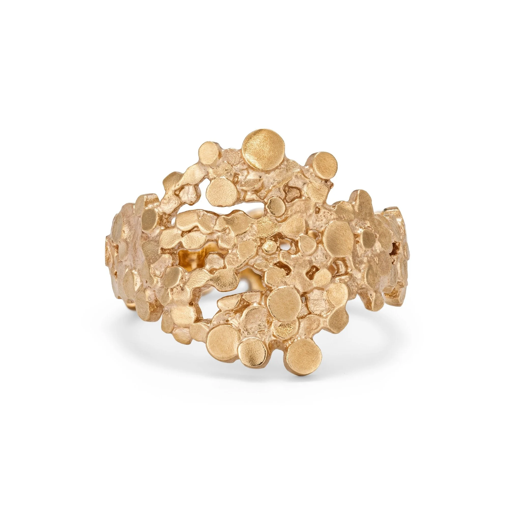 Wide Shield Crown Ring in textured 9ct yellow gold with open circular details