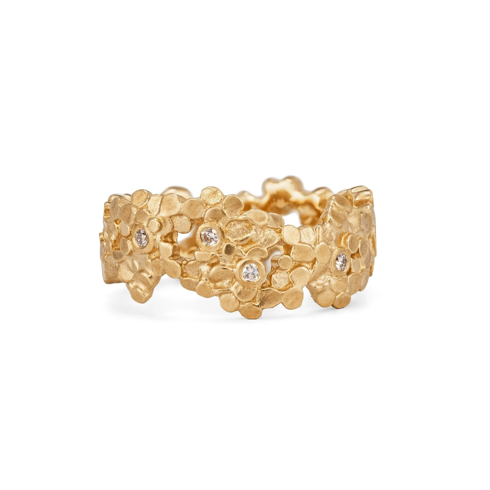 Wide Crown diamond ring in textured 18ct yellow gold set with four diamonds