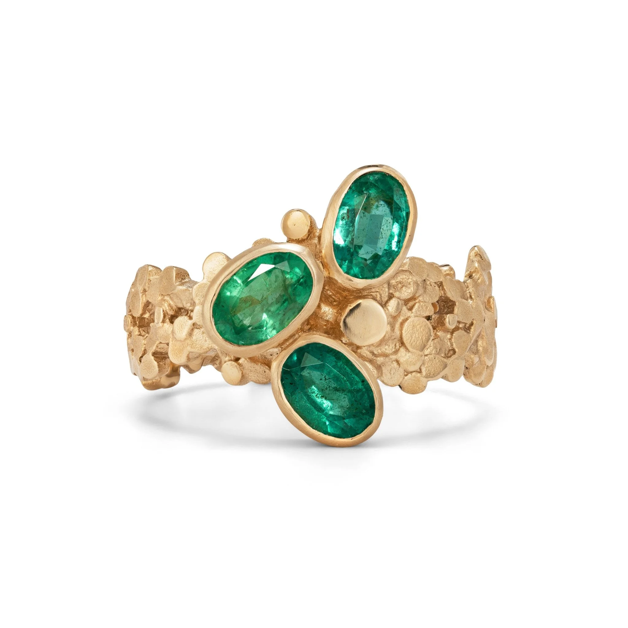 One-of-a-kind Crown Ring with three oval emeralds in textured 9ct yellow gold