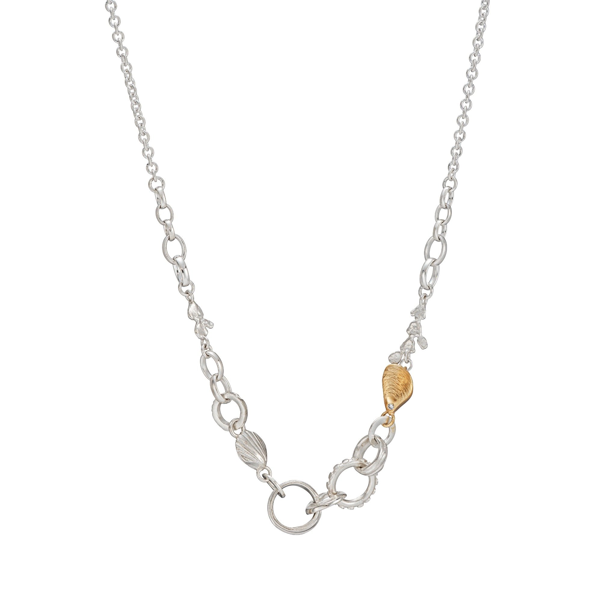Sterling silver Coral and shell chain necklace with a 9ct yellow gold shell detail