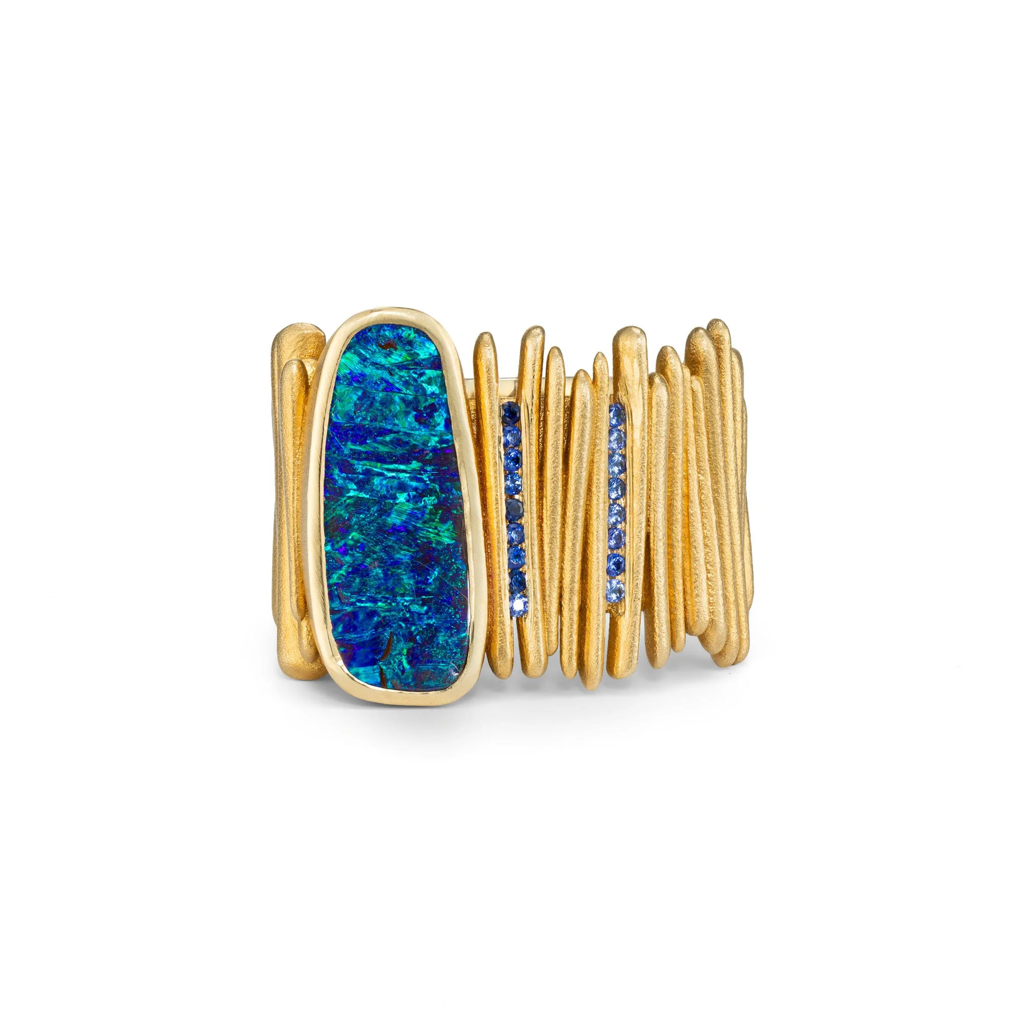 One-of-a-kind Australian opal and blue sapphire ring in 9ct yellow gold, with a wide sculptural Drift band handmade by Mirri Damer in Cornwall.