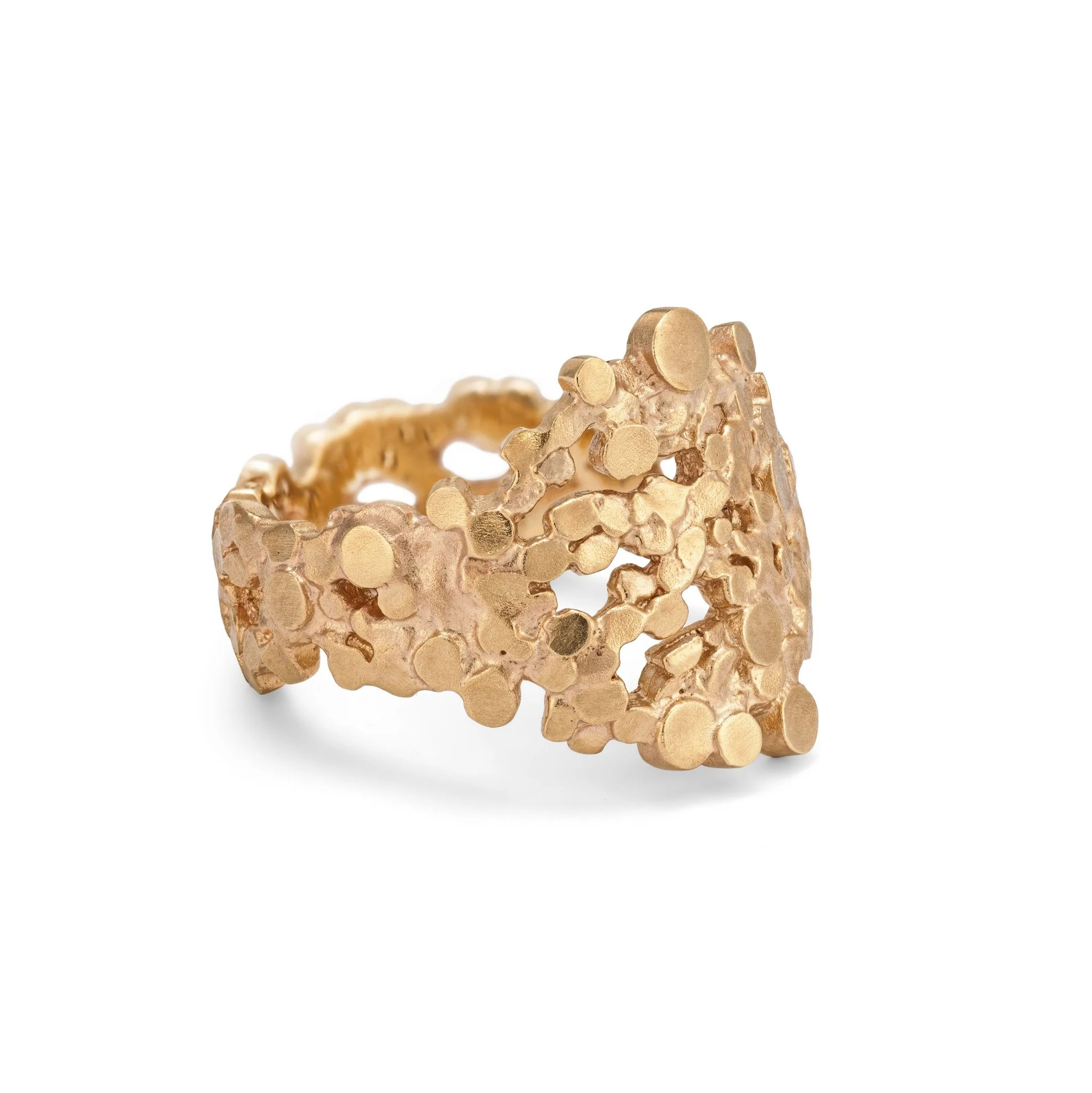 Side view of the openwork Shield Crown Ring in textured 9ct yellow gold