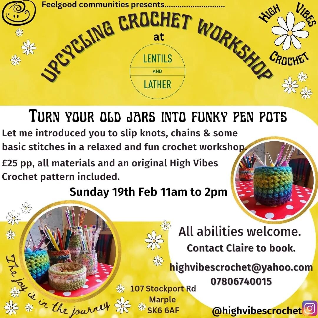 New event scheduled, learn how to crochet with the awesome Claire from @highvibescrochet 

Three hours of fun, chatter and learning. 

Places are limited. To book on, either get in touch with Claire directly, drop us a message or ask in the Marple sh