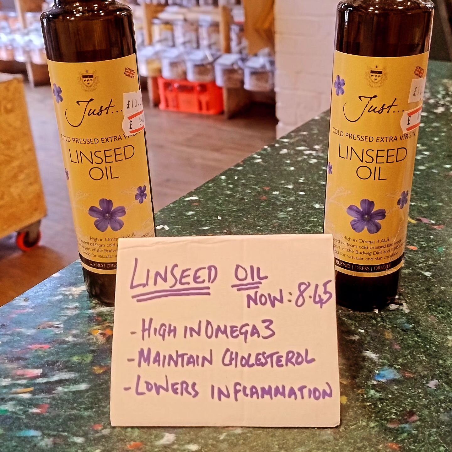 Reduced to clear: cold pressed linseed oil, grown and cold pressed in Staffordshire. 

Linseed oil should be used as a dietary supplement. It can be used in dressings, yoghurt and smoothies (but is shouldn't be used for roasting or frying). 

It has 