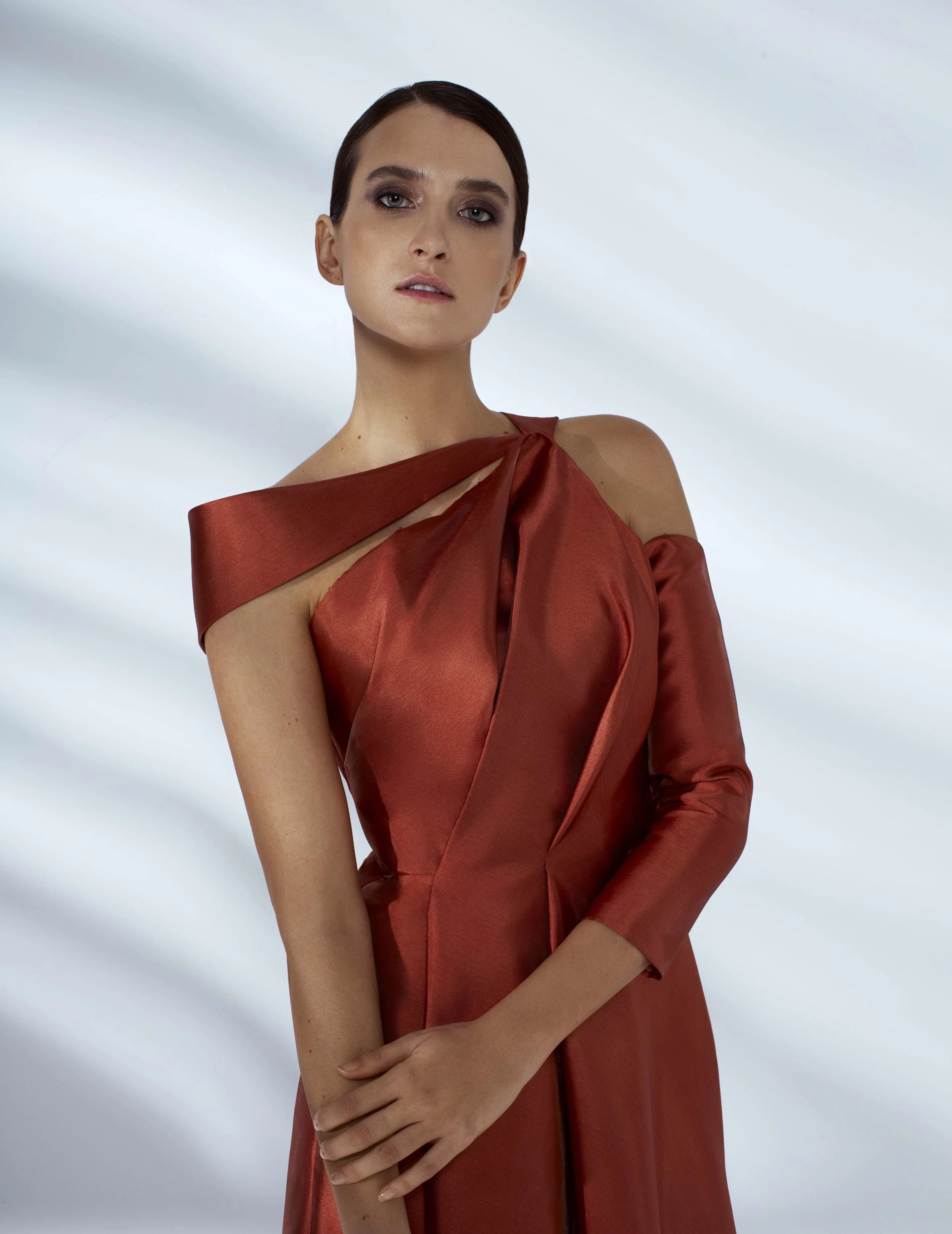 Style # - SS20017 Sara draped asymmetrical dress with 3/4 sleeves