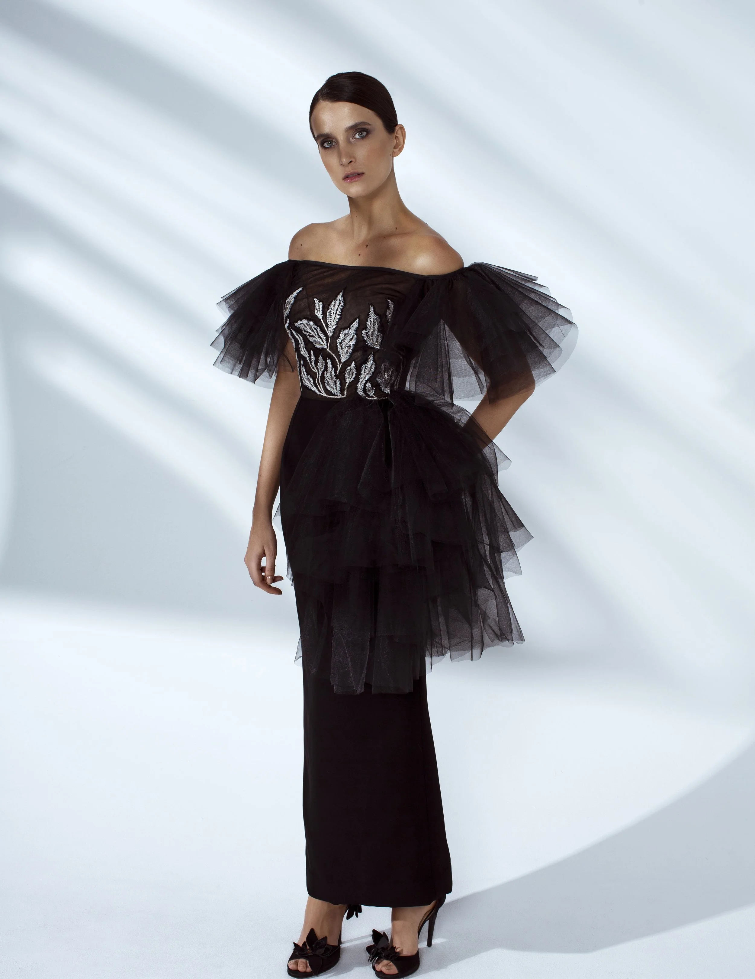 Style # - SS20025 Leema hand embroidered off-shoulder dress