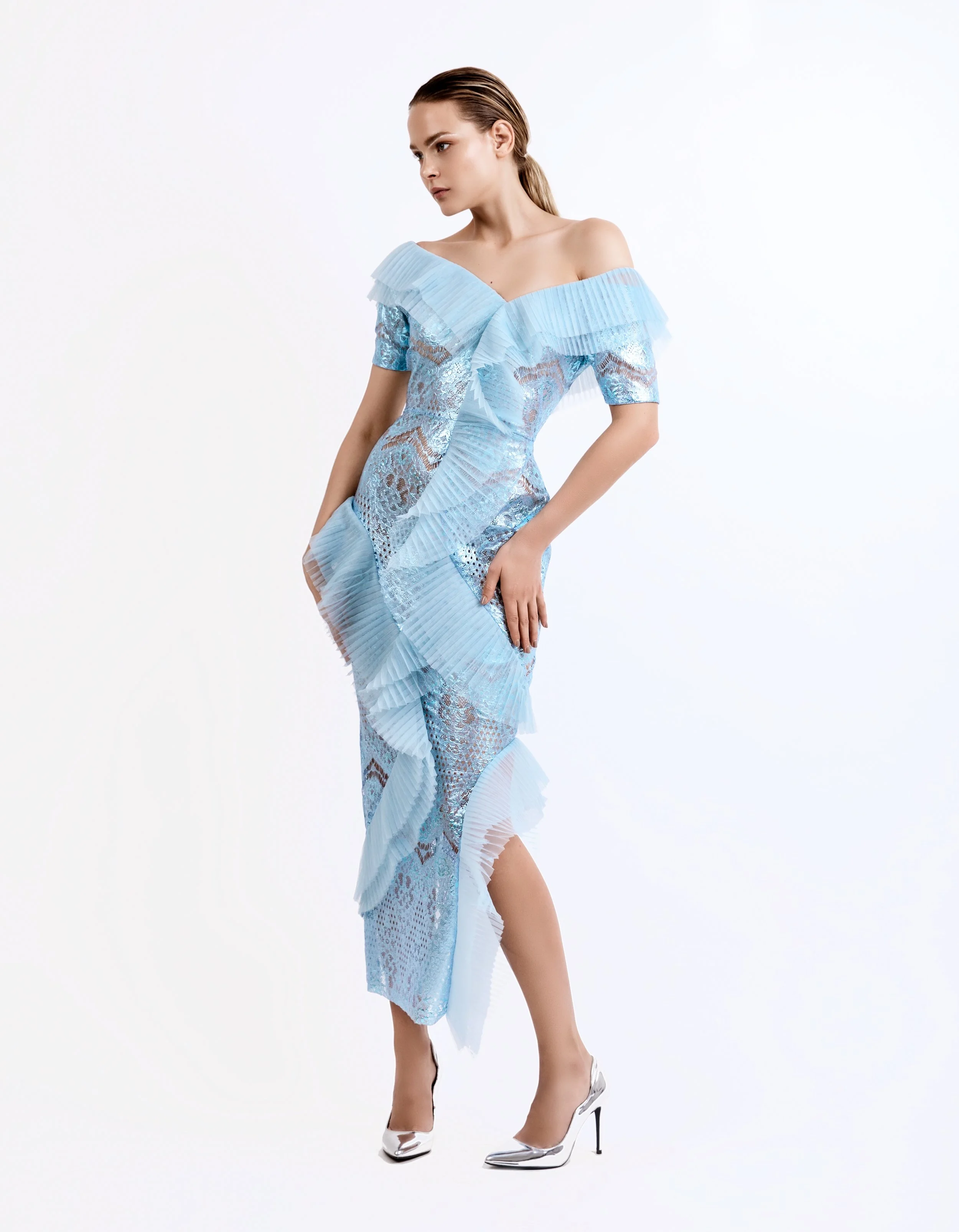 SS19015 Bella fIted lace dress with pleated tulle ruffles