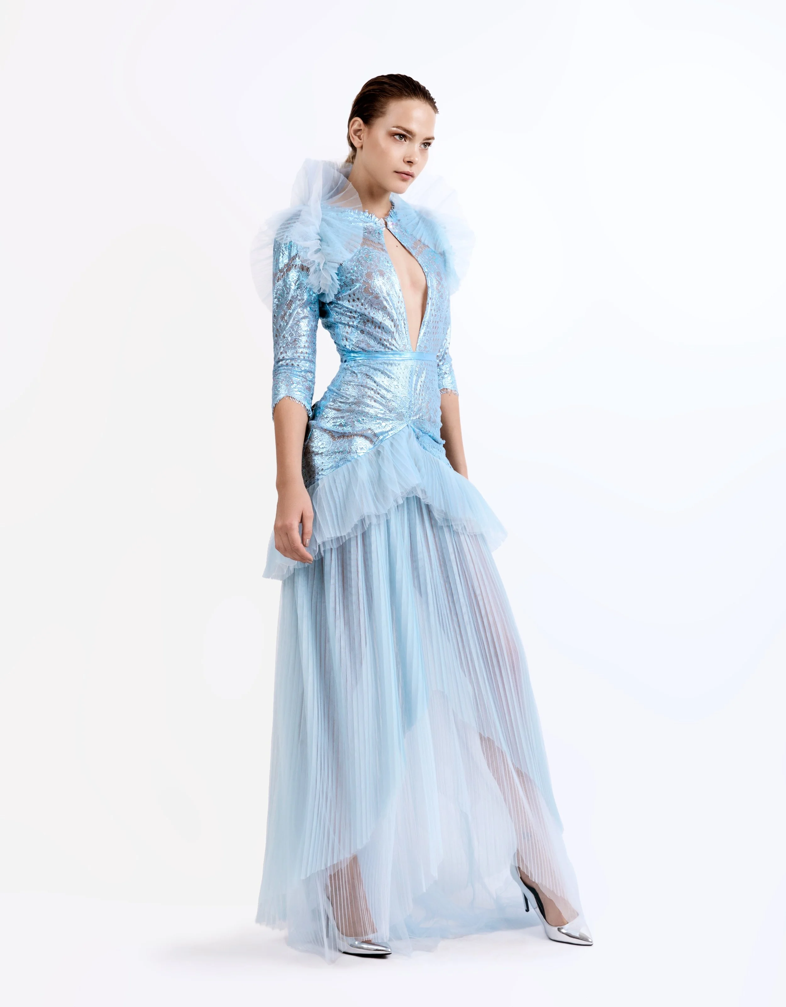 SS19014 Alexis lace combo dress with pleated tulle ruffles