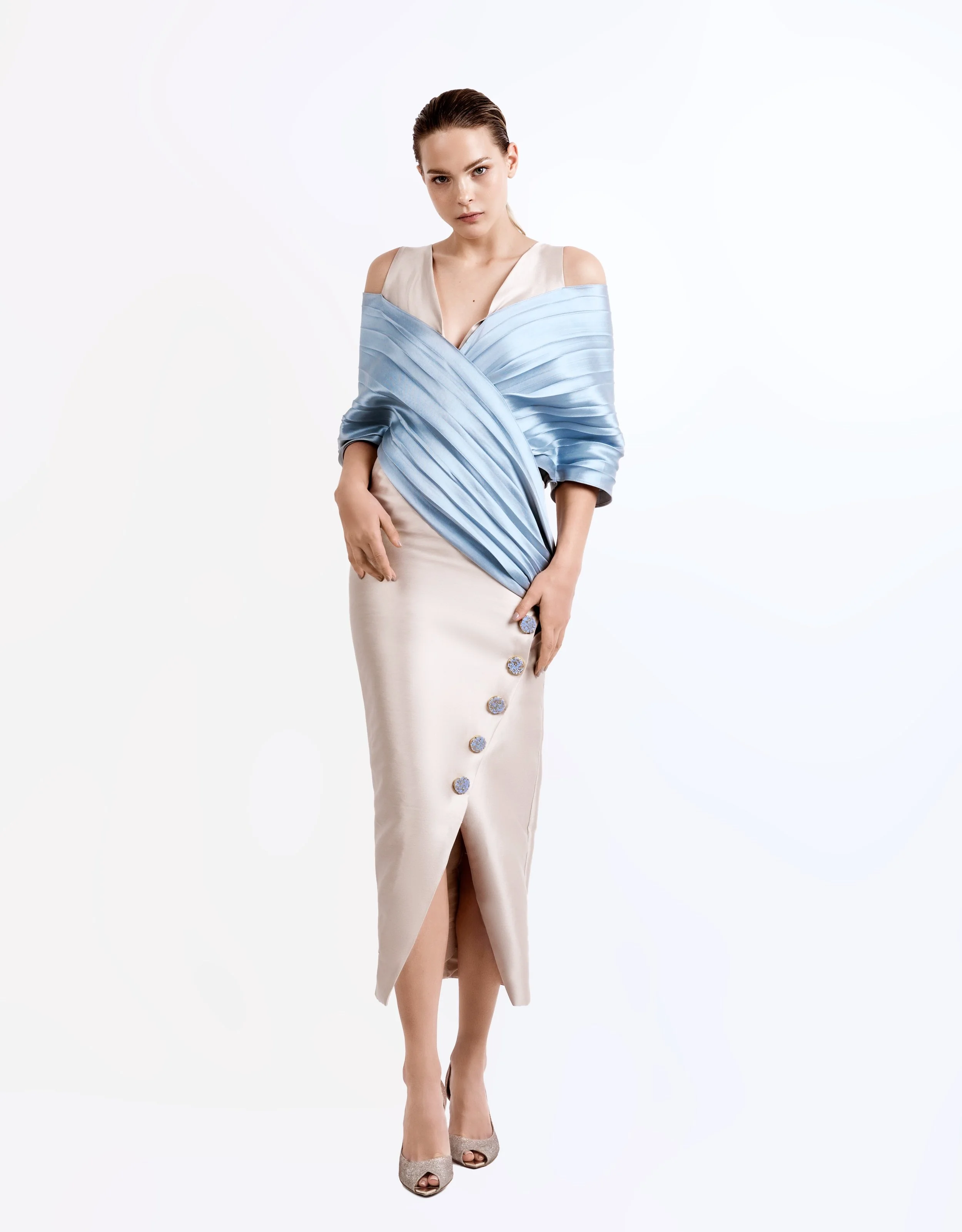 SS19003 Liliyana off shoulder pleated drape dress