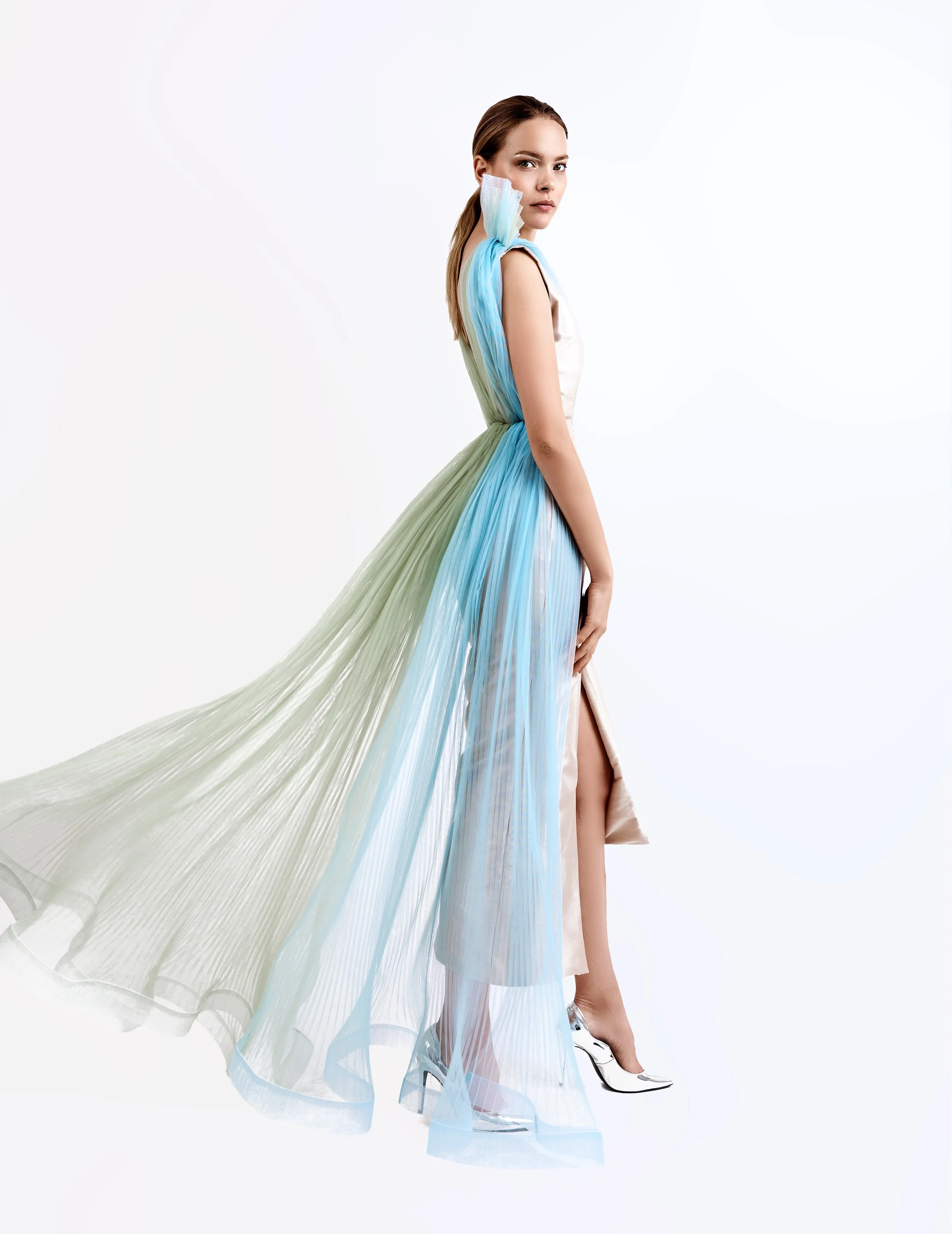SS19013 Gianna fitted dress with pleated tulle drape