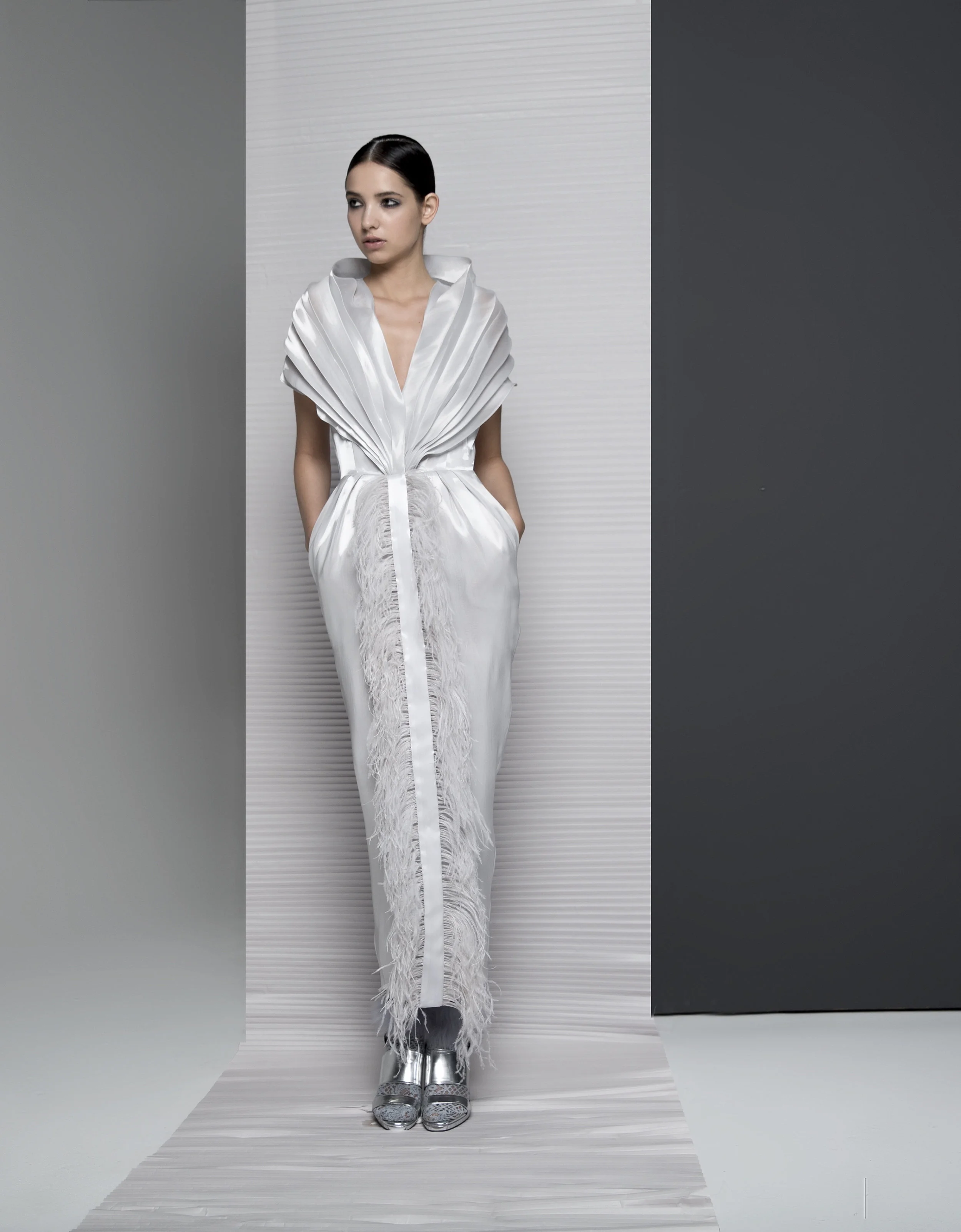 FW18037 ANNA DRAPED CAPE DRESS WITH FEATHERS