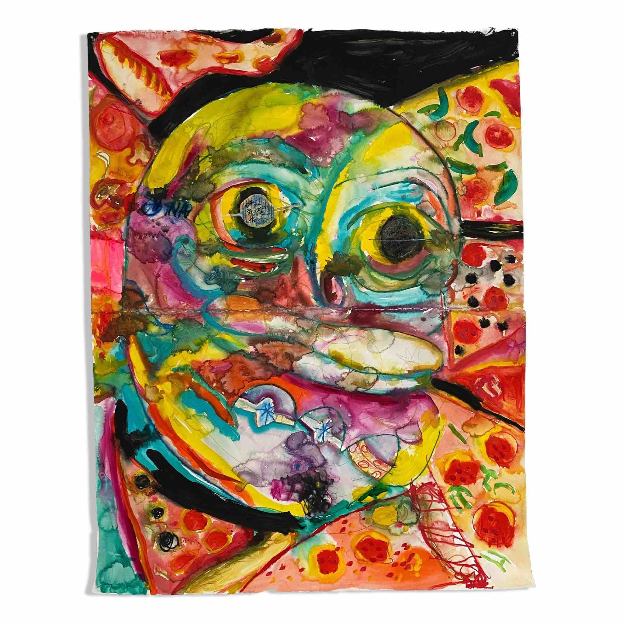     JARED HOFFMAN    Pepe The Frog Surrounded By Pizza , 2021  Acrylic and Wax Crayon on Two Sheets of Hot Press Paper  40 x 55 inches   info@goodnakedgallery.com    