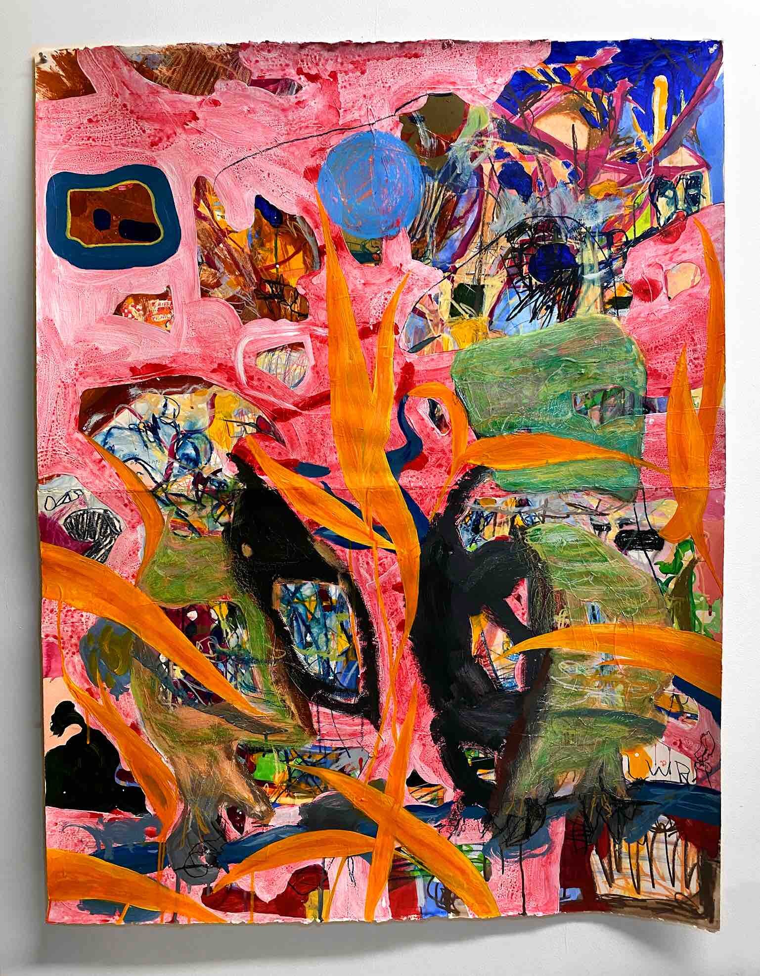     JARED HOFFMAN    Two Bird Picnic , 2021  Acrylic, Ink, and Wax Crayon on Two Sheets of Hot Press Paper   40 x 55 inches   info@goodnakedgallery.com    