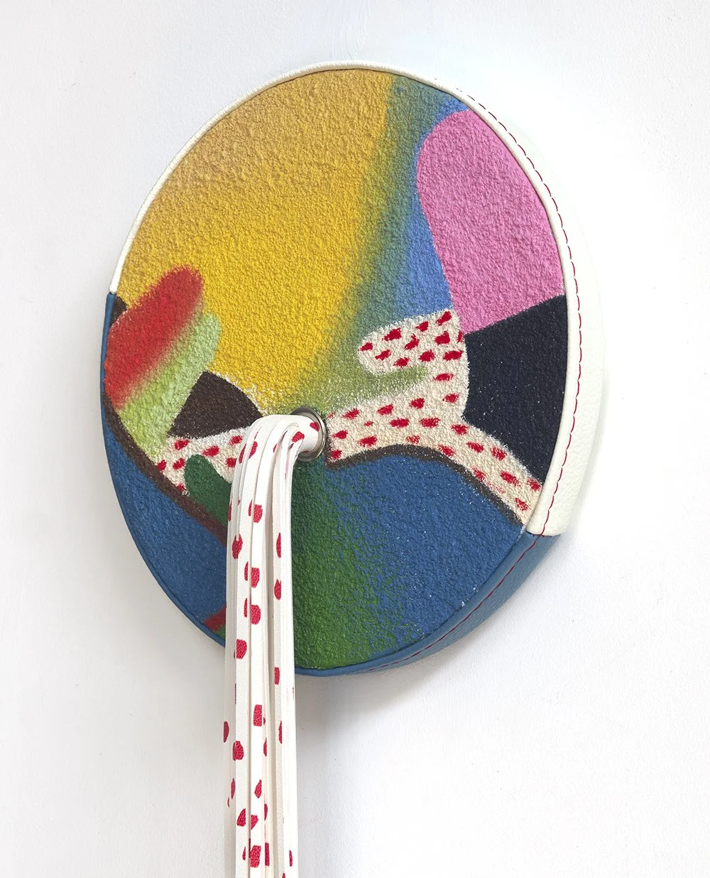 JENAL DOLSON & TRISH TILLMAN Signal (detail) Oil, pumice, leather, UV ink, grommet, vinyl, thread 20.5 x 8.25 x 2.5 inches $3,500