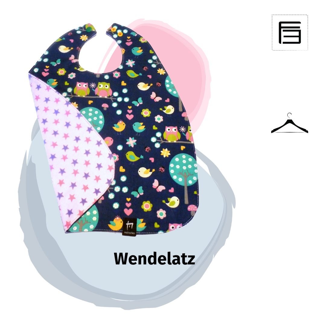 Li-La-L&auml;tzchen! Dieses Wendel&auml;tzchen ist super easy und schnell gen&auml;ht, ein tolles praktisches Geschenk f&uuml;r kleine Kleckerm&auml;uler.

Zum N&auml;hen eignen sich Stoffe wie zum Beispiel Frottee, Baumwolle, Barchent etc. Wenn du e