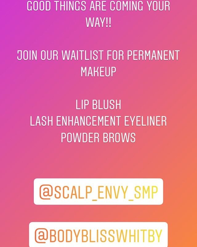 Scalp Envy SMP Studios

Whitby, On
905-903-6168
@bodyblisswhitby 
www.scalpenvy.ca
scalpenvysmp@gmail.com 
#permanentcosmetics #pmumakepermanentemakeup #makeupaddict #eyebrowshaping #eyelinertattoo #tatt #ink #browsbrowsbrows #lips #lipblushing #lipt