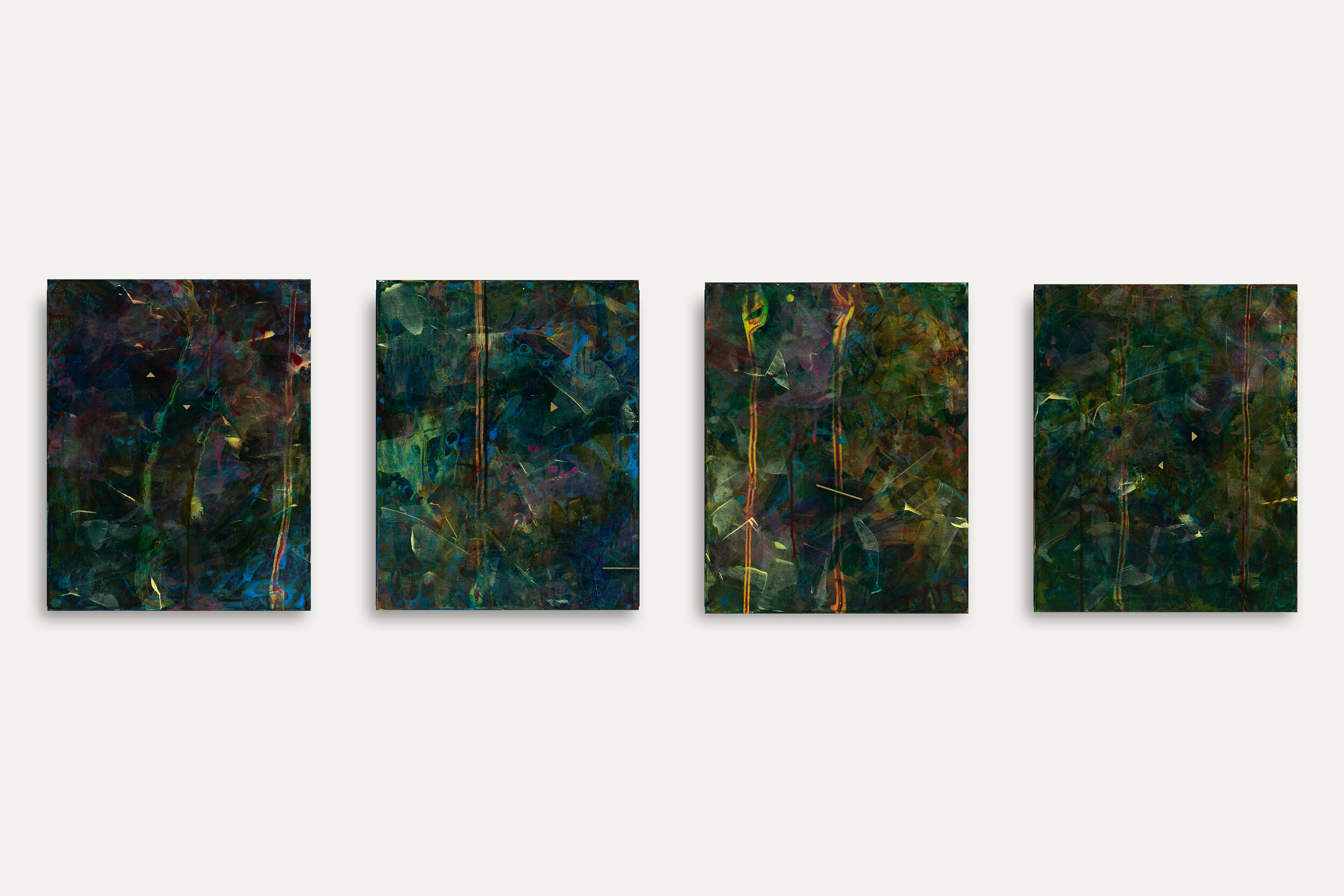 When The Universe Enfolds (quadriptych) | acrylic on canvas | 16 x 20 x 1/2 in (each) | in studio