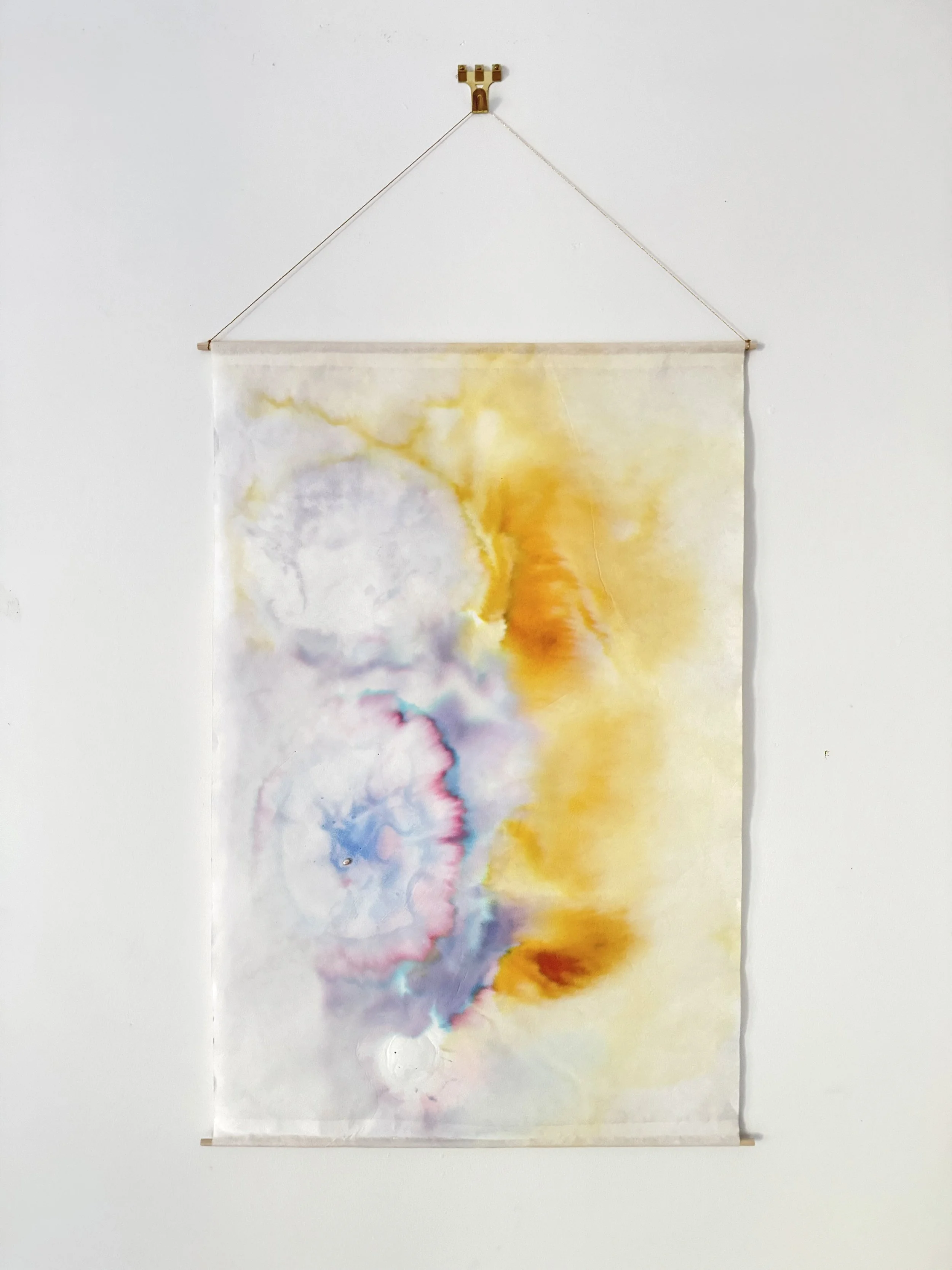 There is a wind spreading seeds | rice paper, wood, antique thread, seed pearl, bottled ink | 15.5" (W) x 22.5" (H) | 2026