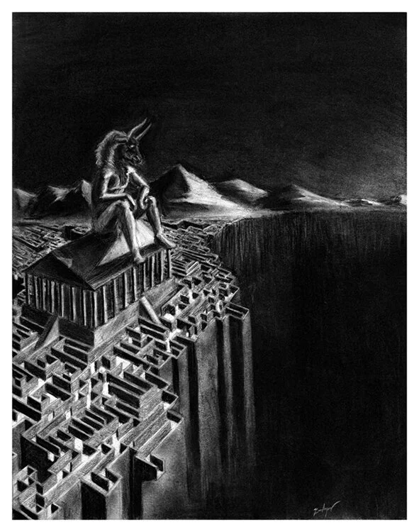 Minotaur in the Labyrinth - 2019, charcoal