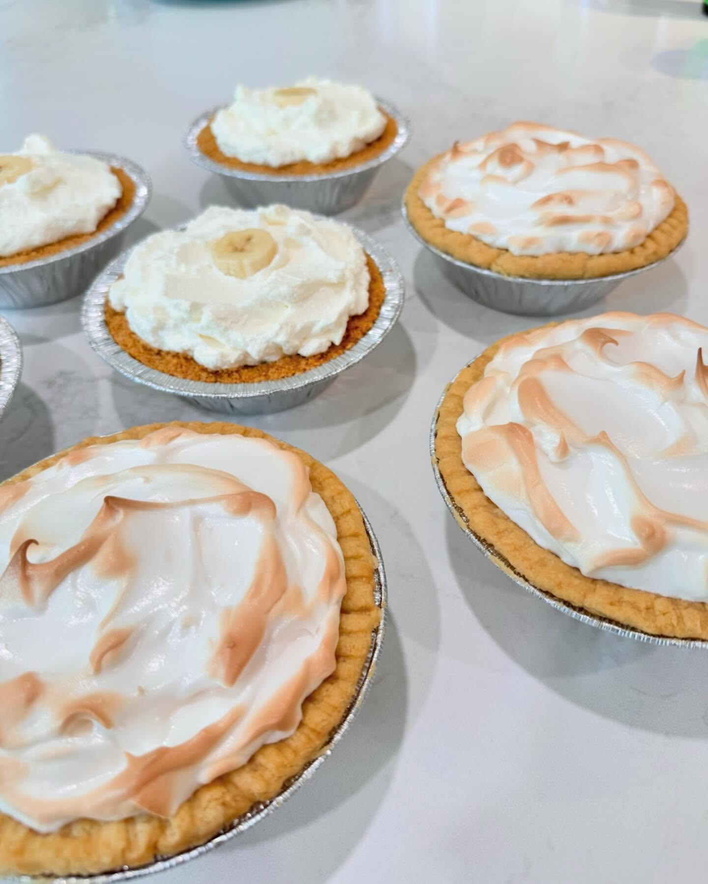 Banana Cream &amp; Meyer Lemon Meringue pie today @karl_the_store #yum #pies #bananacreampie #lemonmeringue